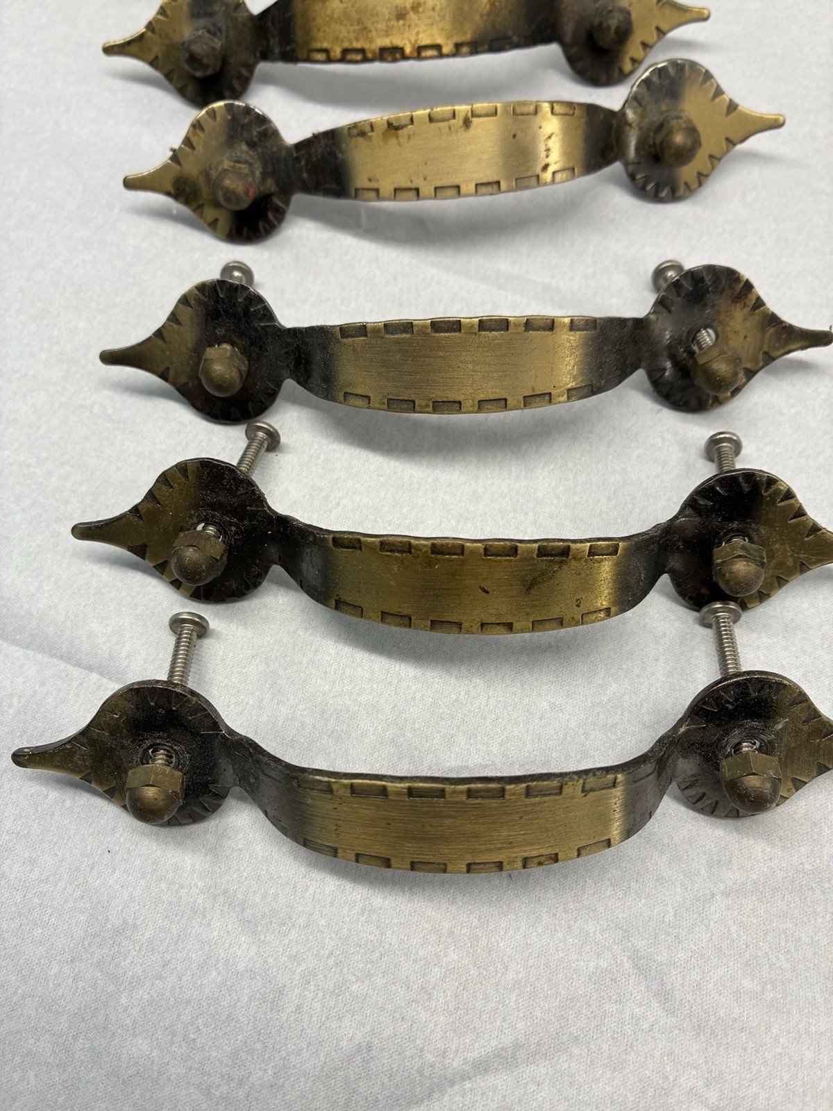 Vintage 5.25” Brass Spade Tip Cabinet Door Drawer Pulls Set of 6 Country Cottage