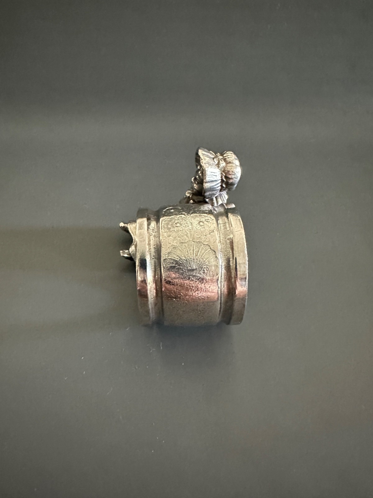 Antique FIGURAL SilverPlated Napkin Ring Seated Kate Greenaway Style Bonnet Girl