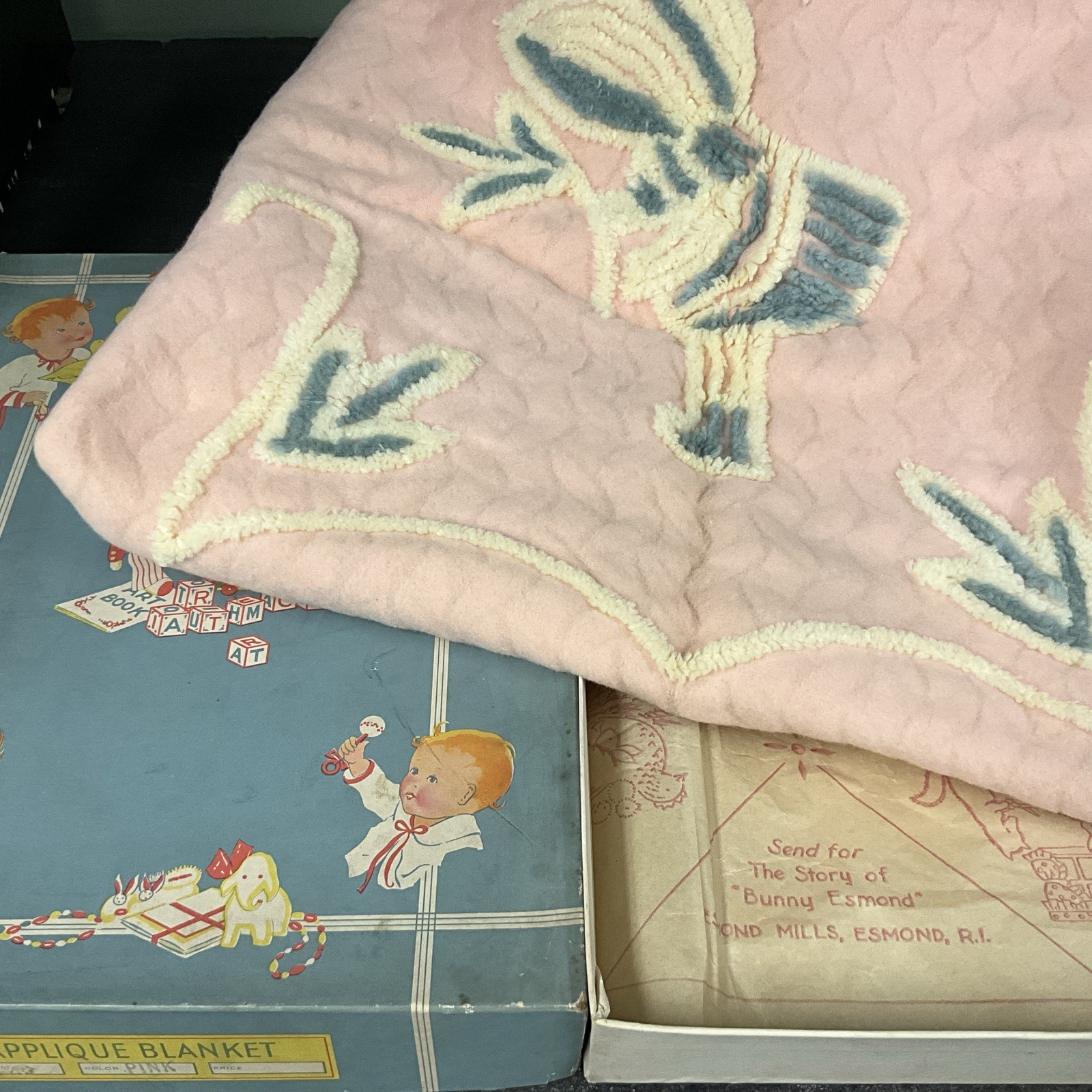 Vintage Baby Appliqué Blanket W/ Rattle In Original Box