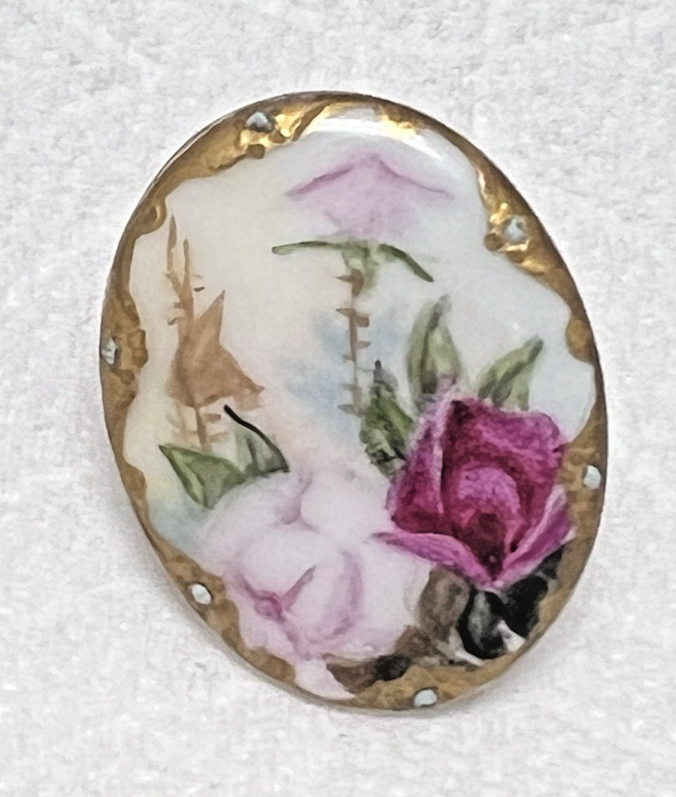 Antique Porcelain Button Stud Hand Painted Pink Roses About 1 x 7/8 inches