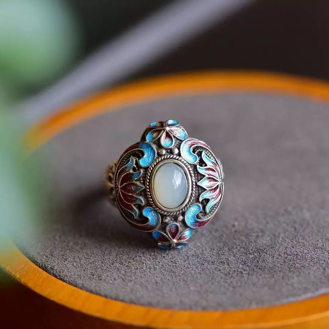 Antique Old Chinese Cloisonne Silver Inlay Gems Flower Jewelry Figure Ring