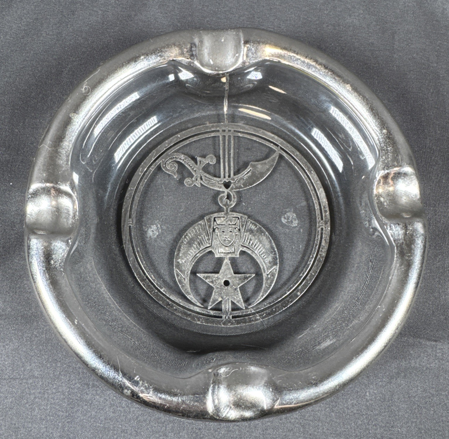 ✨Vintage Maskat Shrine Glass/Sterling Silver Overlay Ashtray 6”✨