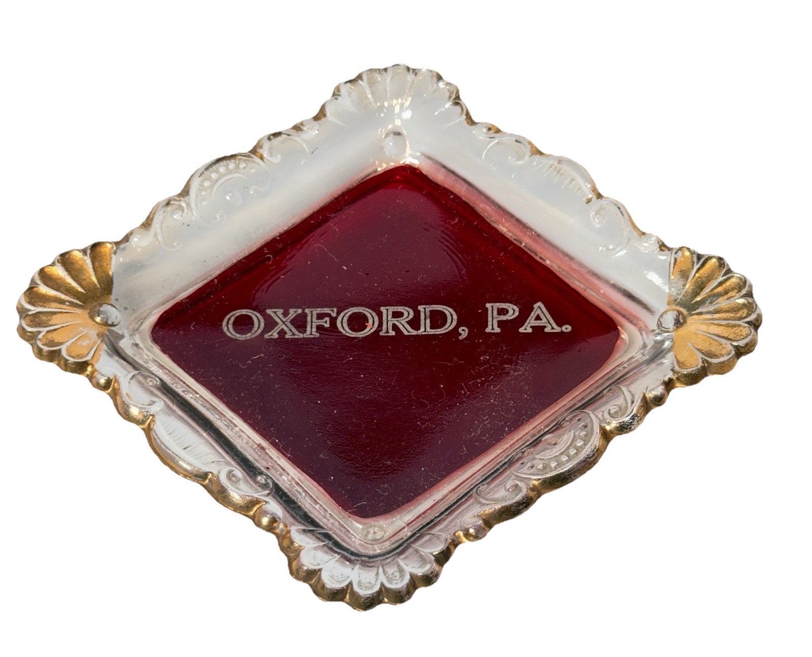 OXFORD Pennsylvania PA ANTIQUE Ruby Red Flash Souvenir Glass Cut Dish Plate