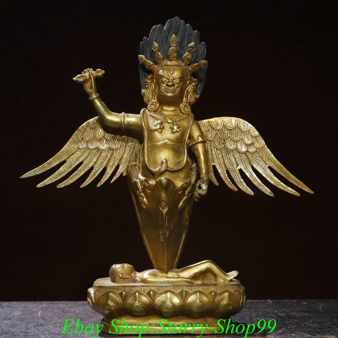 11″ Old Tibet Bronze Gilt Redpoll Winged Garuda Bird Eagle Buddha Statue