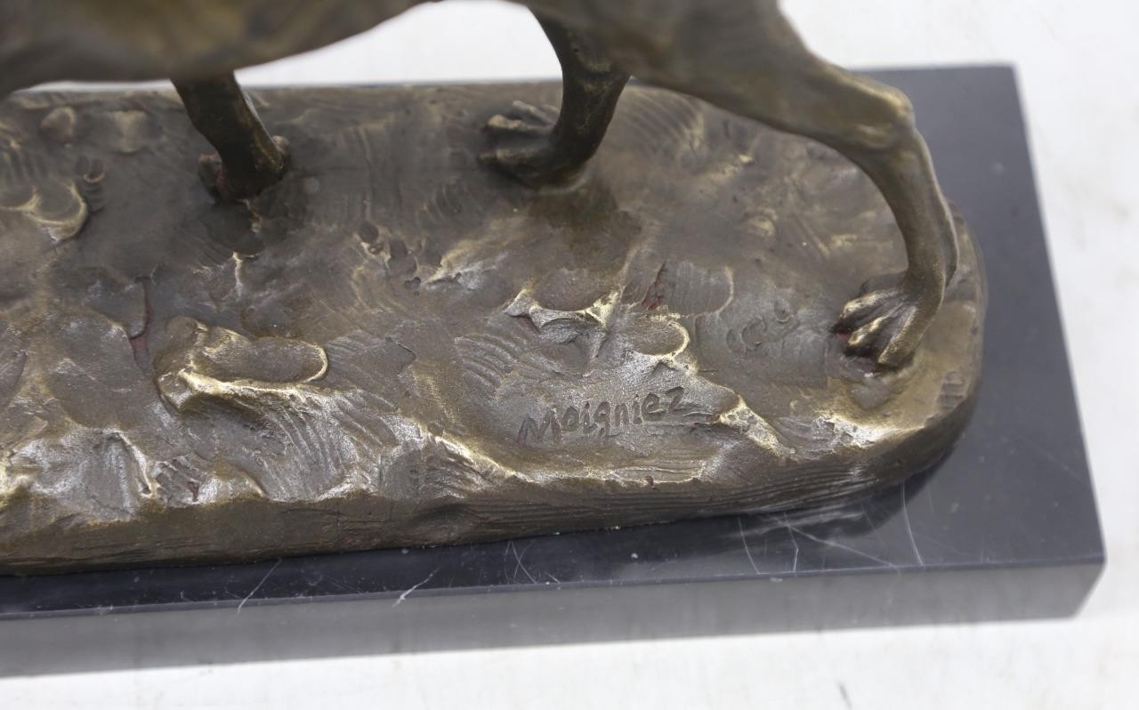 Bronze Hunting Dog on Solid Marble Base – Signed Moigniez – 32cm Long