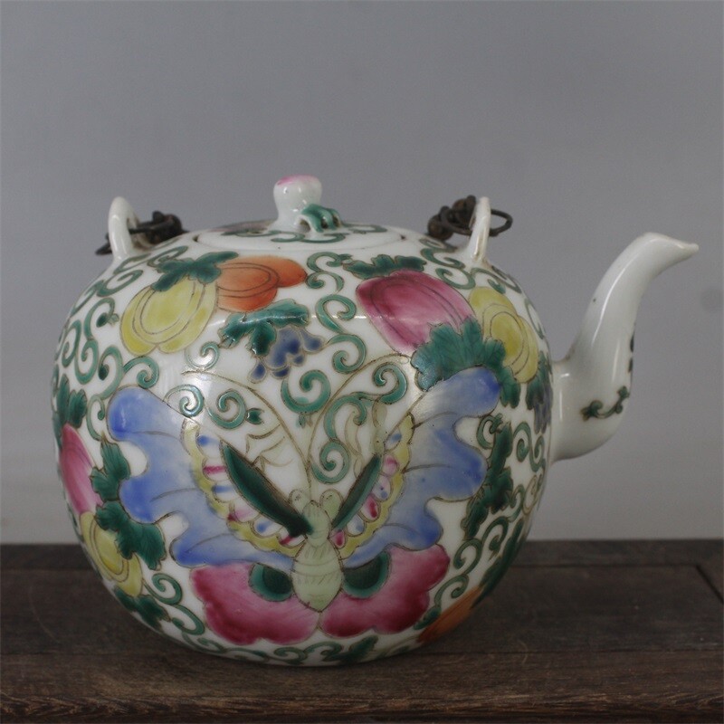4.7″ Good Chinese Famille Rose Porcelain Flower Butterfly Grain Teakettle Teapot