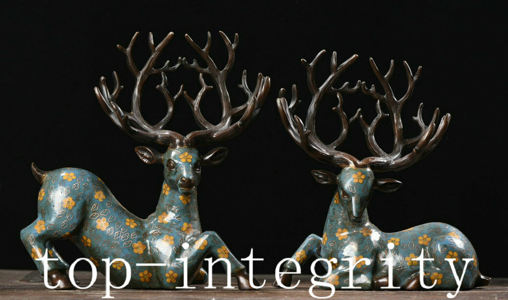 18.1” Old China Dynasty Cloisonne Enamel Bronze Sika Deer Animal Statue Pair