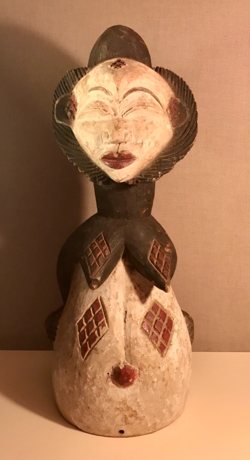 Monumental Punu Figural Female Carved Helmet Mask Gabon, Central Africa 25.5” H
