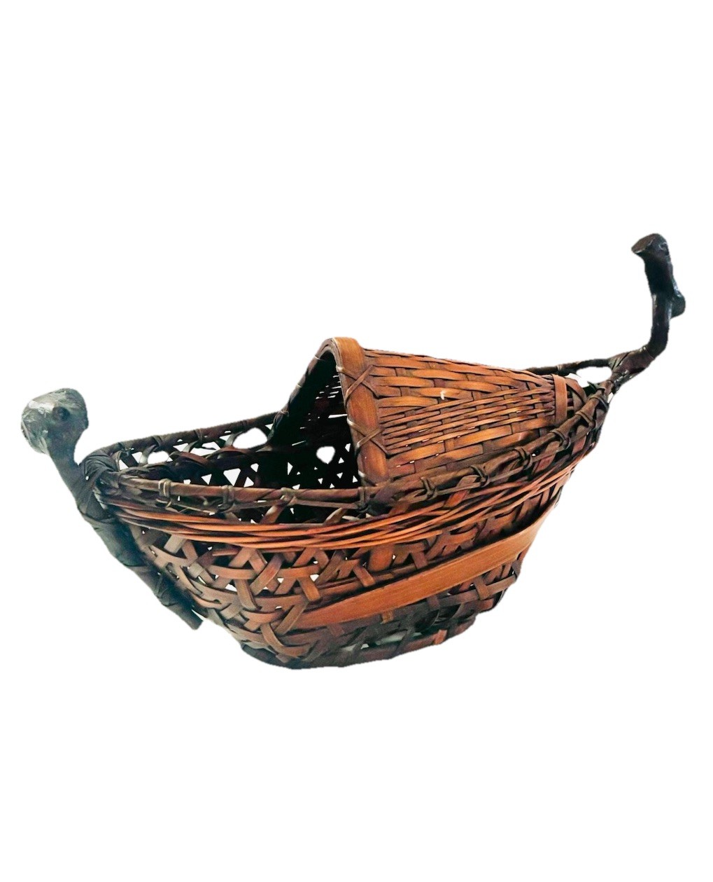 Antique Japanese Bamboo Rattan Burl Wood Root Boat FUNAGATA Ikebana Basket Vase