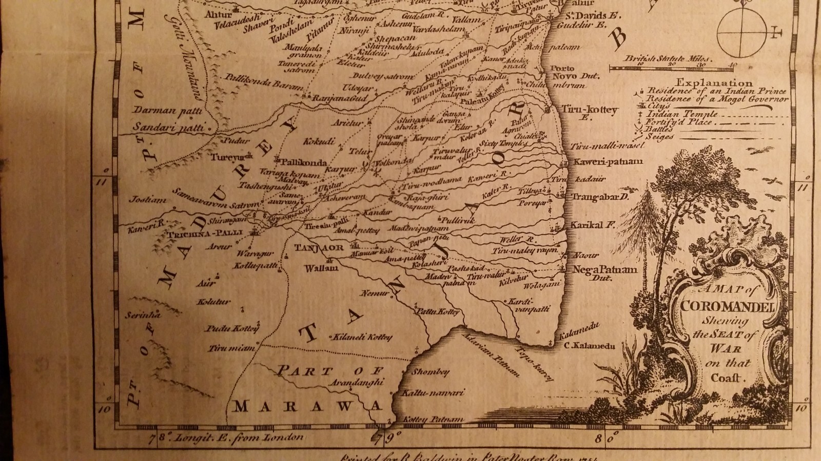 1754 ORIGINAL ANTIQUE COPPERPLATE MAP – COROMANDEL COAST INDIA – SEAT OF WAR