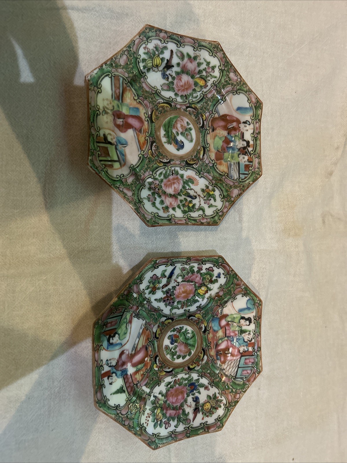 19th Century No Mark Rose Medallion Octagonal Plate, Pair