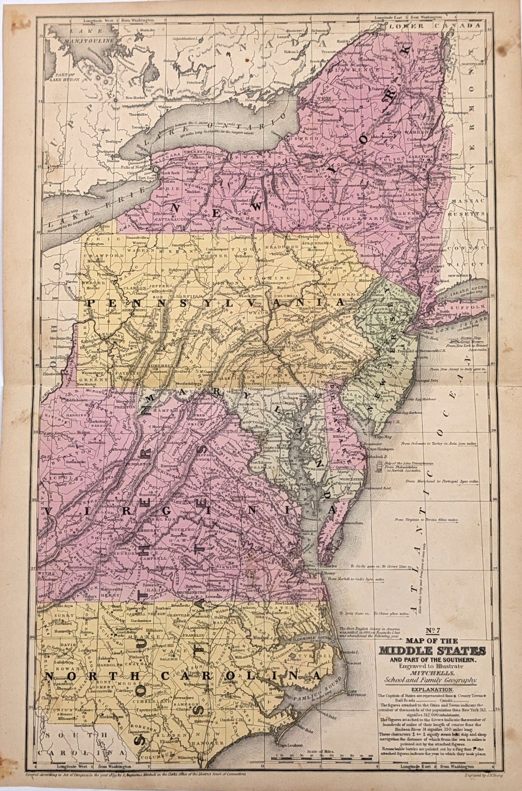 1844 Map Eastern States ORIGINAL VIRGINIA NORTH CAROLINA NEW JERSEY Rairoads