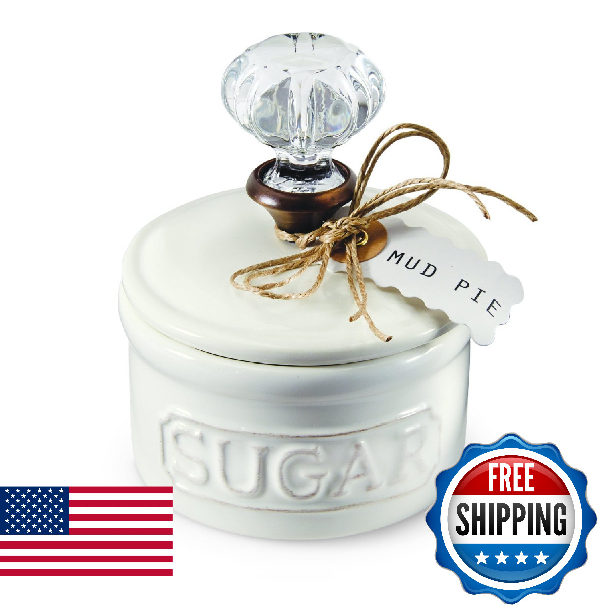 Mud Pie Door Knob Sugar Bowl, White 5.85H X 6.7L X 6.35W