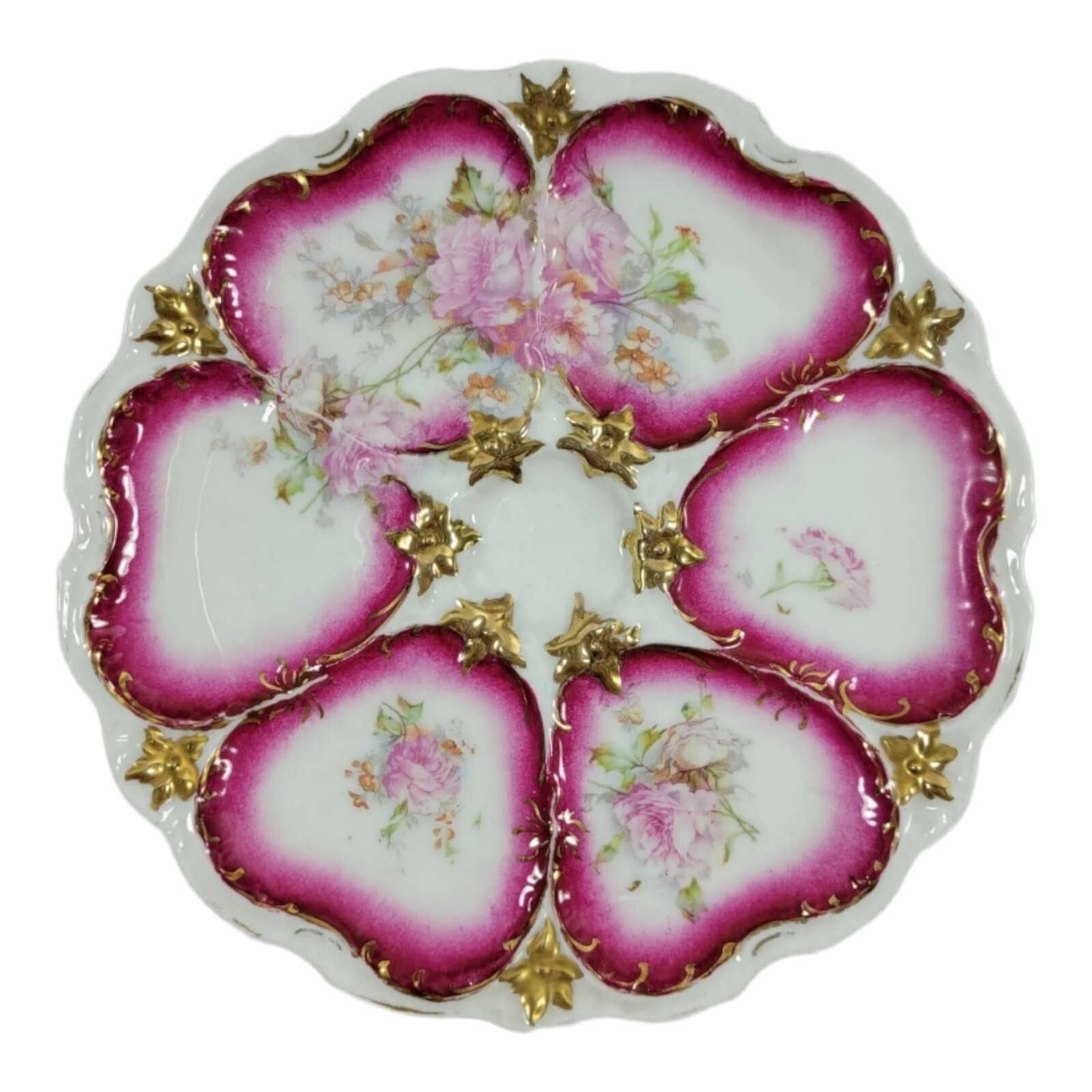 Antique 1900’s Porcelain Oyster Plates Heart Shaped Wells Hand Painted Pink/Gold