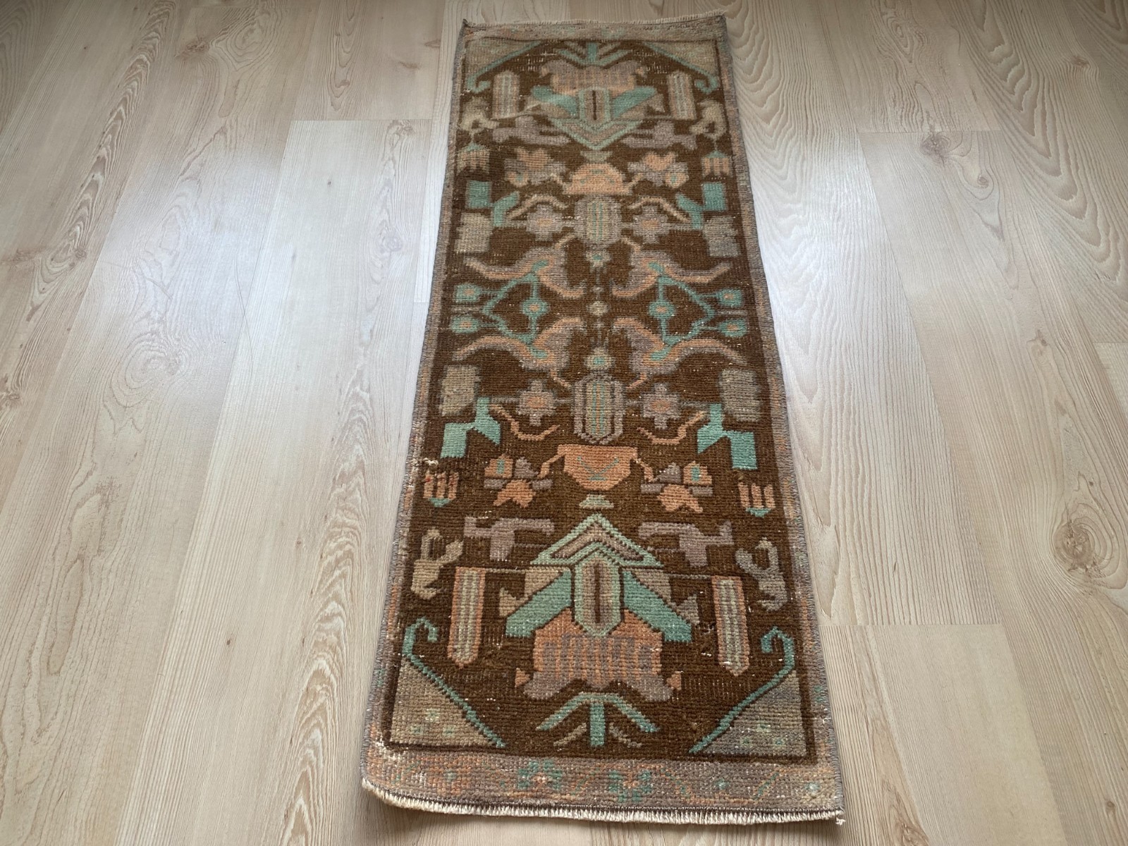 1.3×3.4 ft,Small Vintage Turkish rug,Oushak rug,Brown rug, Bohemian rug, Doormat