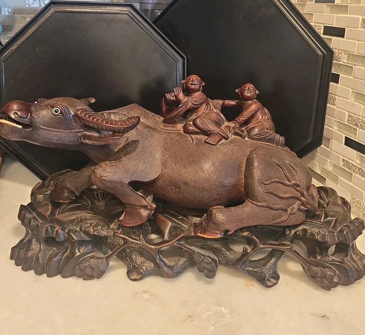 Antique Chinese Carved Wood Water Buffalo Ox Sculpture Glass Eyes Republic Base