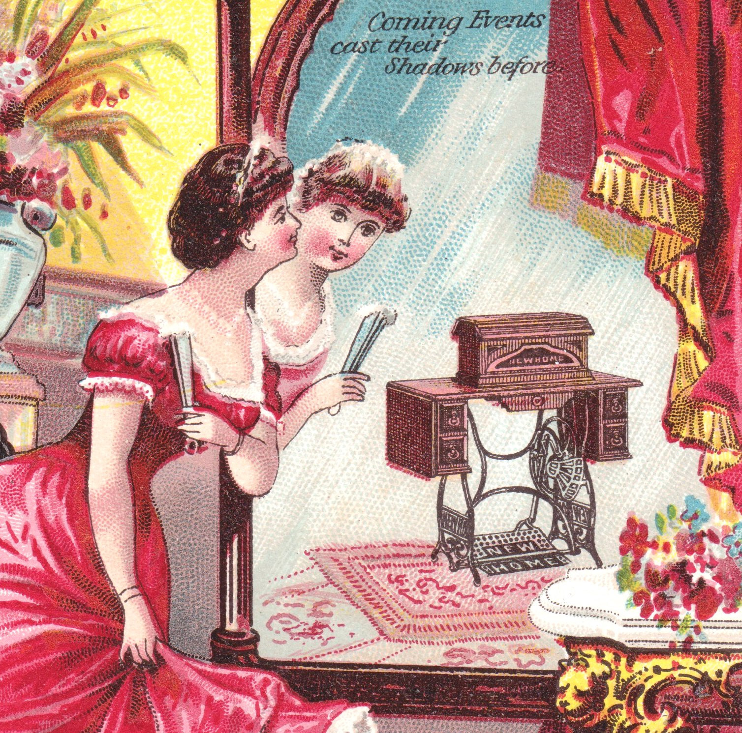 Victorian Antique New Home Sewing Machine Mirror Fan Lady Advertising Trade Card