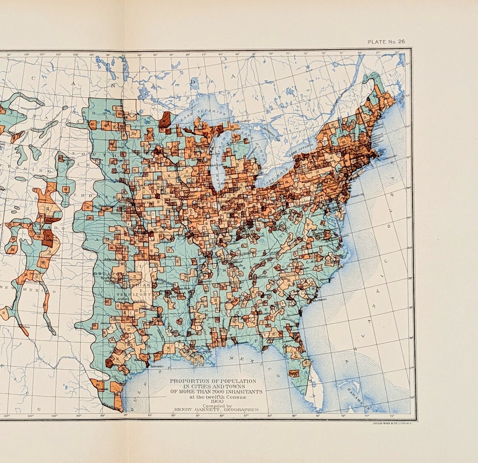 1900 UNITED STATES – CITY & TOWN POPULATIONS Map ORIGINAL (13×8.25) Antique