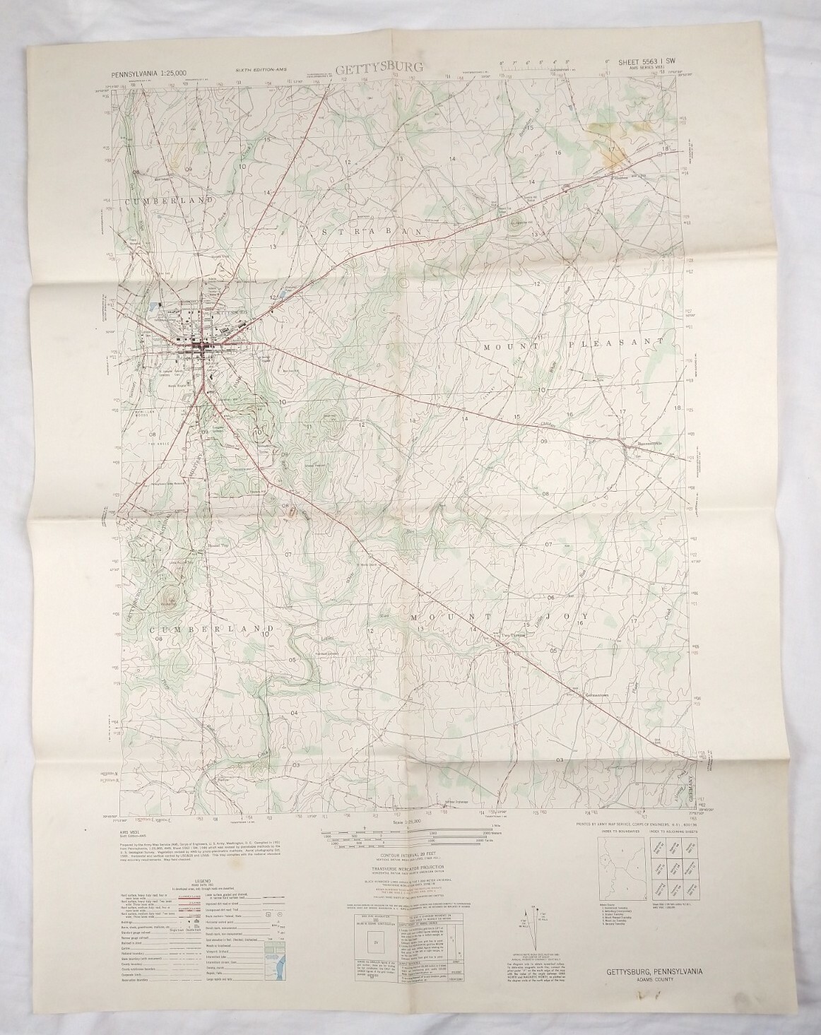 Vintage Gettysburg Map 1951 Army Map Service, Corps of Engineers, Large (29×22″)