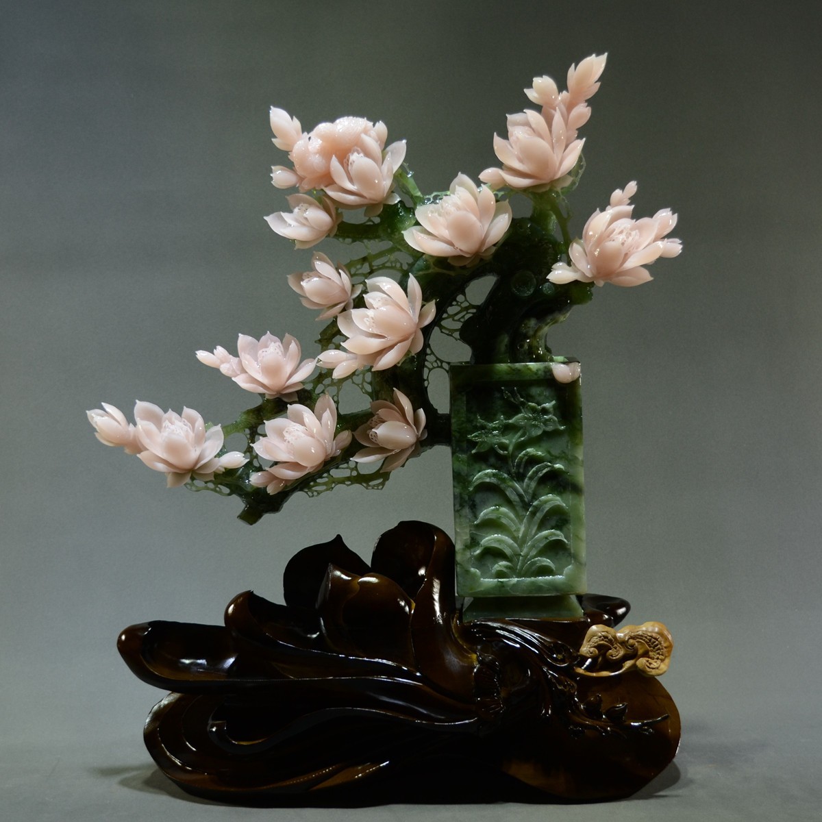 26″ China Natural Xiu Jade Carved Magnolia Flower Bird Bonsai Statue Sculpture