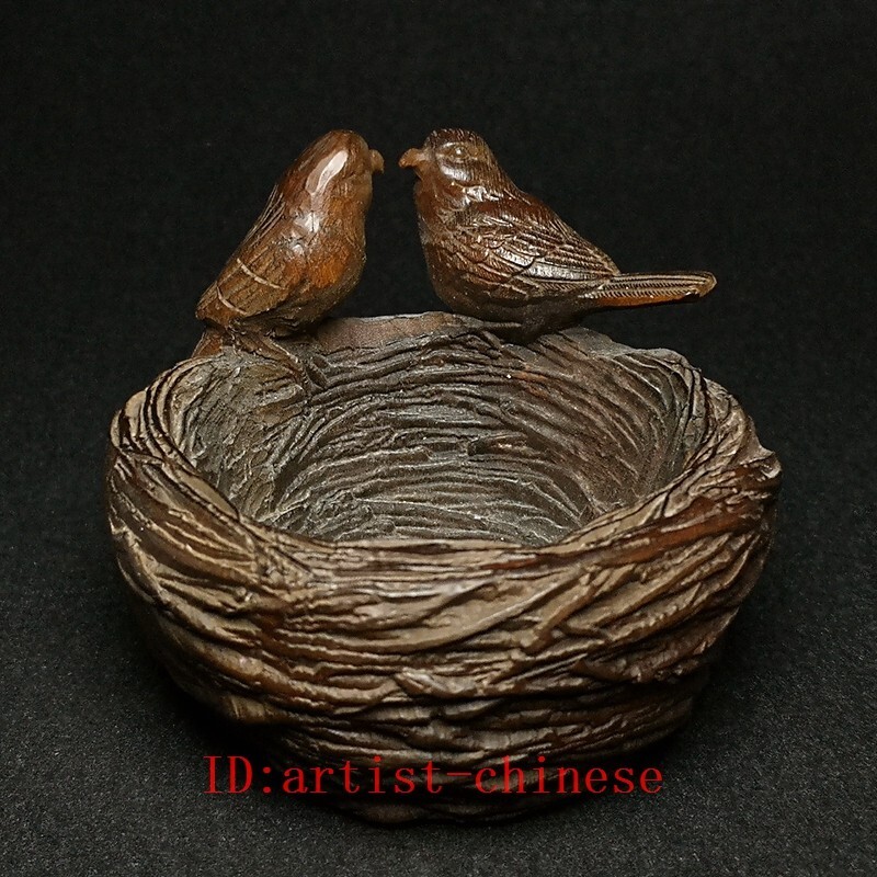 3.2 Inch Chinese Boxwood Hand Carved Bird bird’s nest Old Decoration Collection