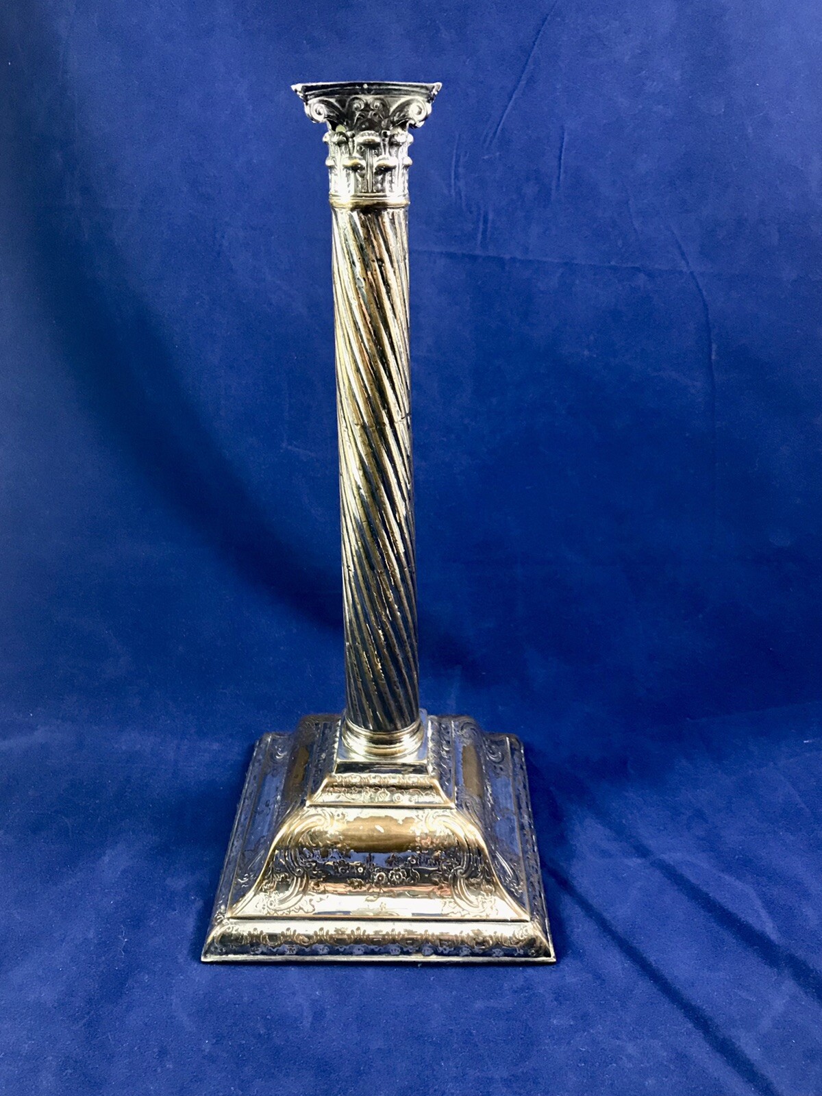 English Silverplated Antique Corinthian Column Single Candlestick 12” Tall