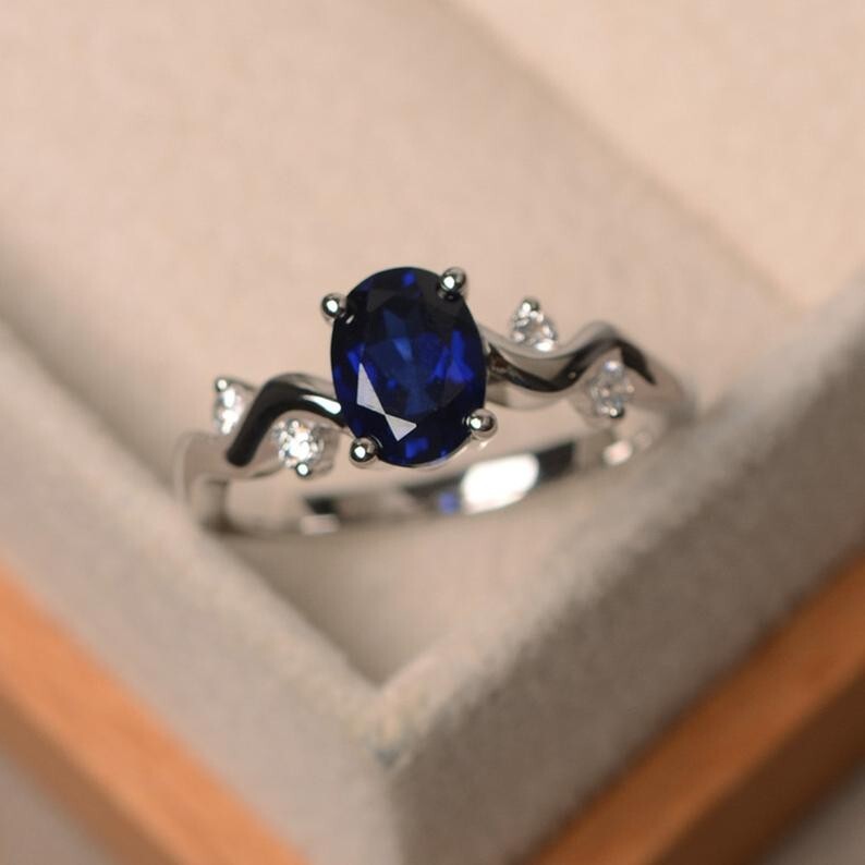 1.37 Ct Natural Sapphire Diamond Engagement Wedding Ring 14K White Gold Size 5