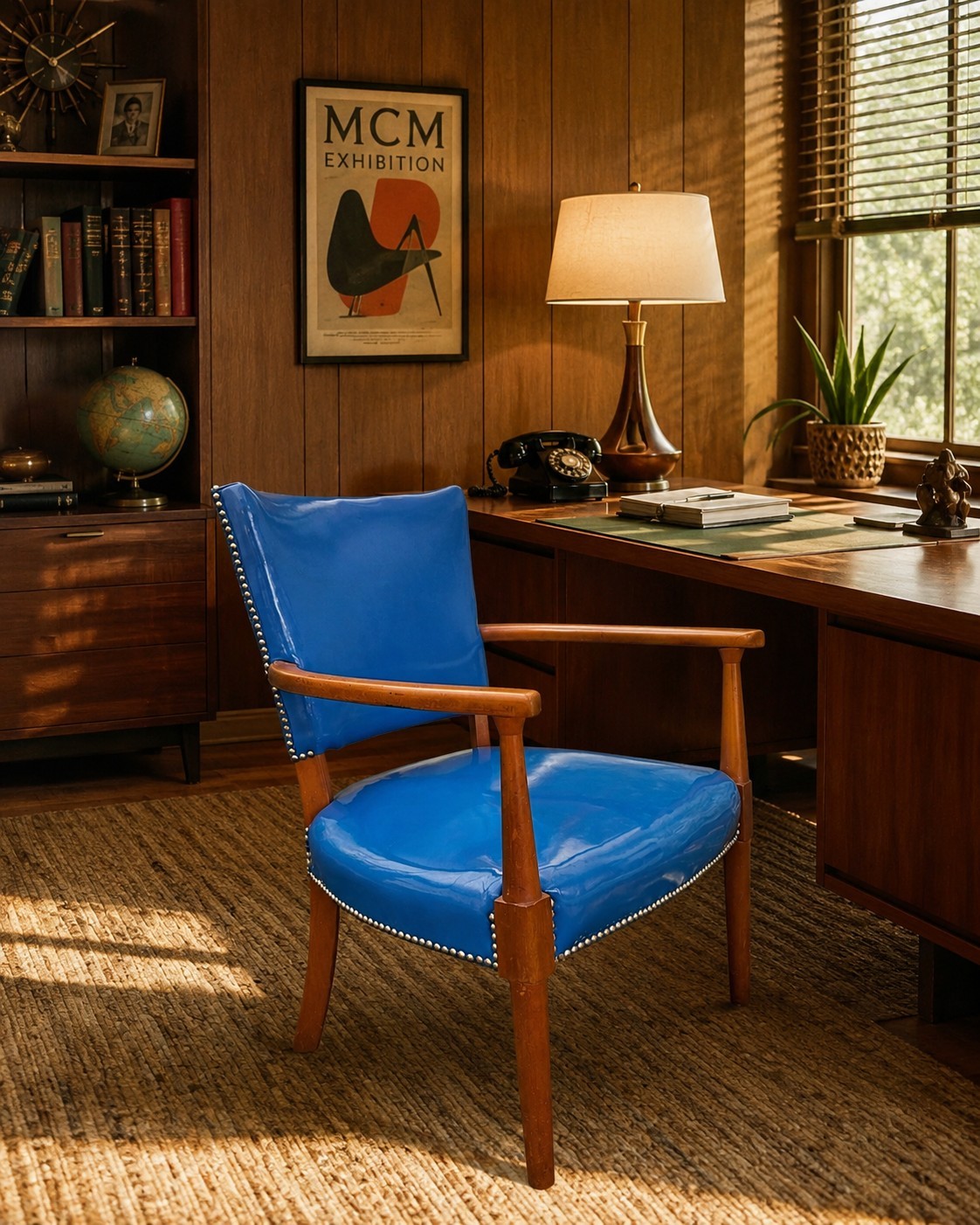 Vintage Mid Century Modern Blue Vinyl Office Guest Chair Walnut Wood Arm Chair M