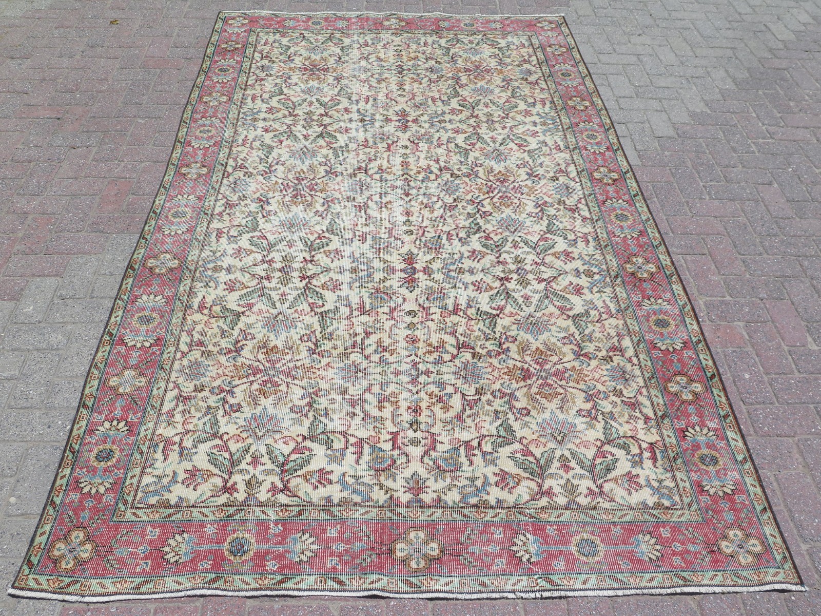 Ivory & Dusty Pink Turkish Vintage Carpet, Handmade Wool Distressed Rug 70″x113″