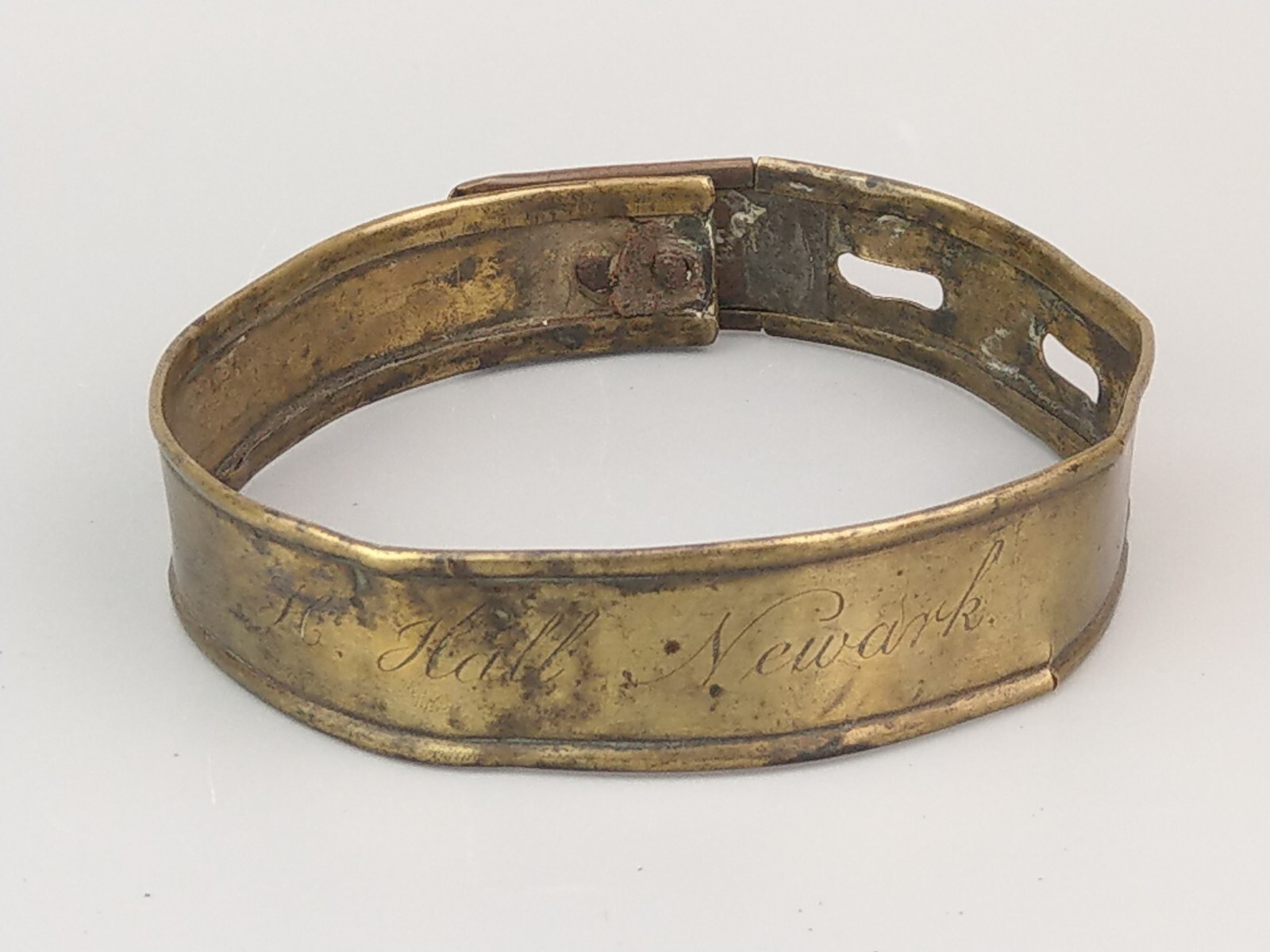 Early English sheet brass dog collar, 18th century, engraved H. Hall Newark