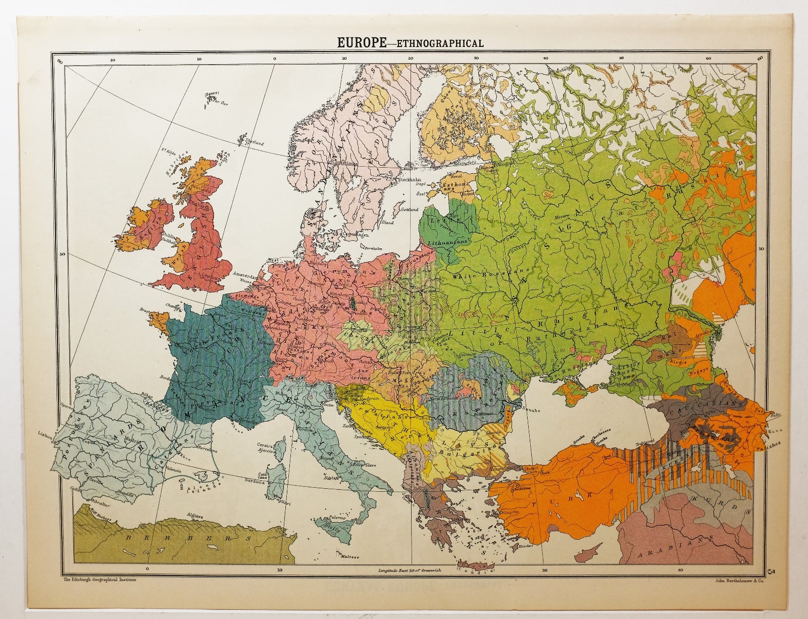 HISTORICAL MAP EUROPE ETHNOGRAPHICAL FRENCH ENGLISH SCANDINAVIANS BULGARIANS