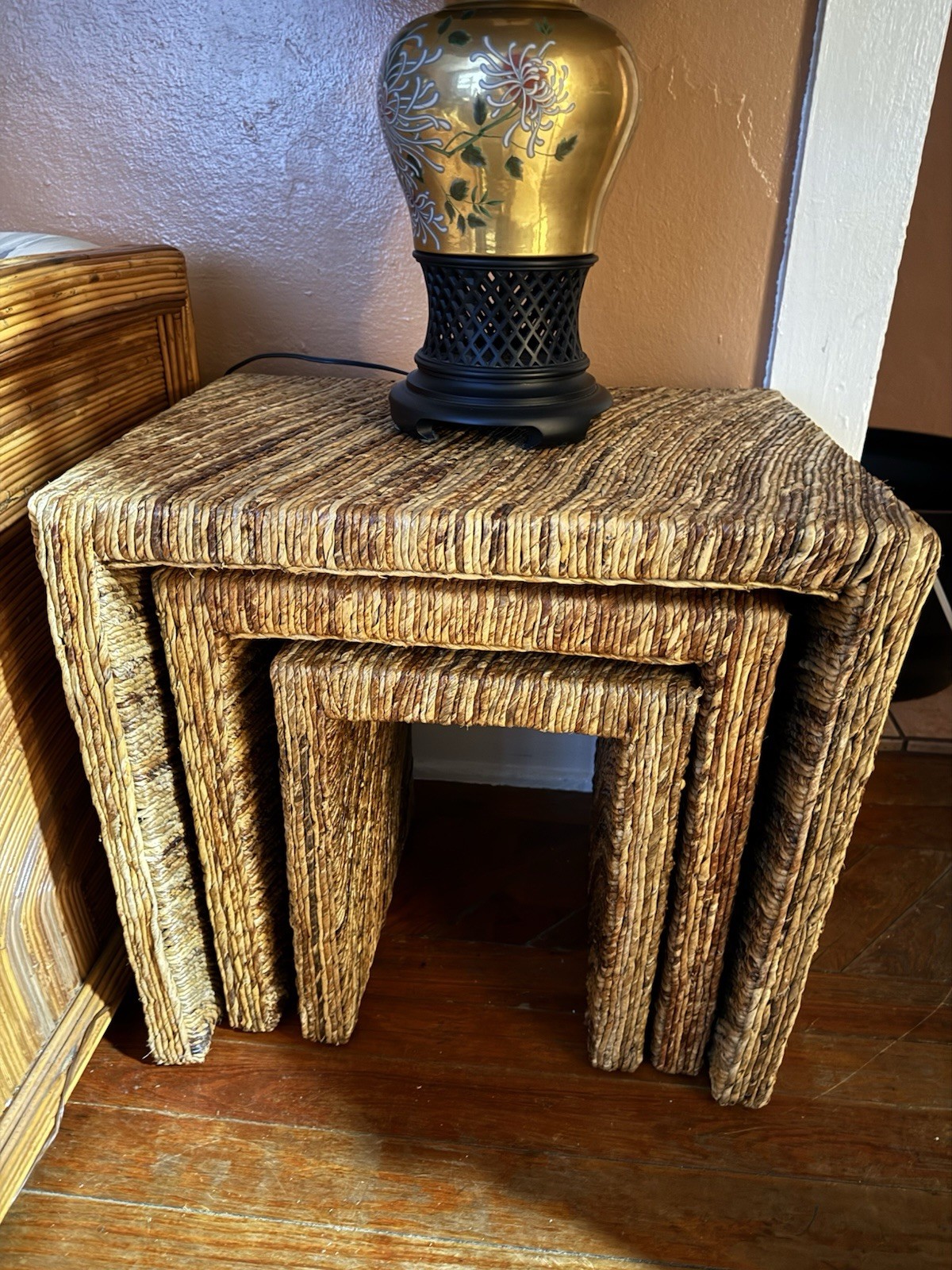 3 Vintage Woven Wicker Rattan Nesting Tables Mid Century Hollywood Regency Boho