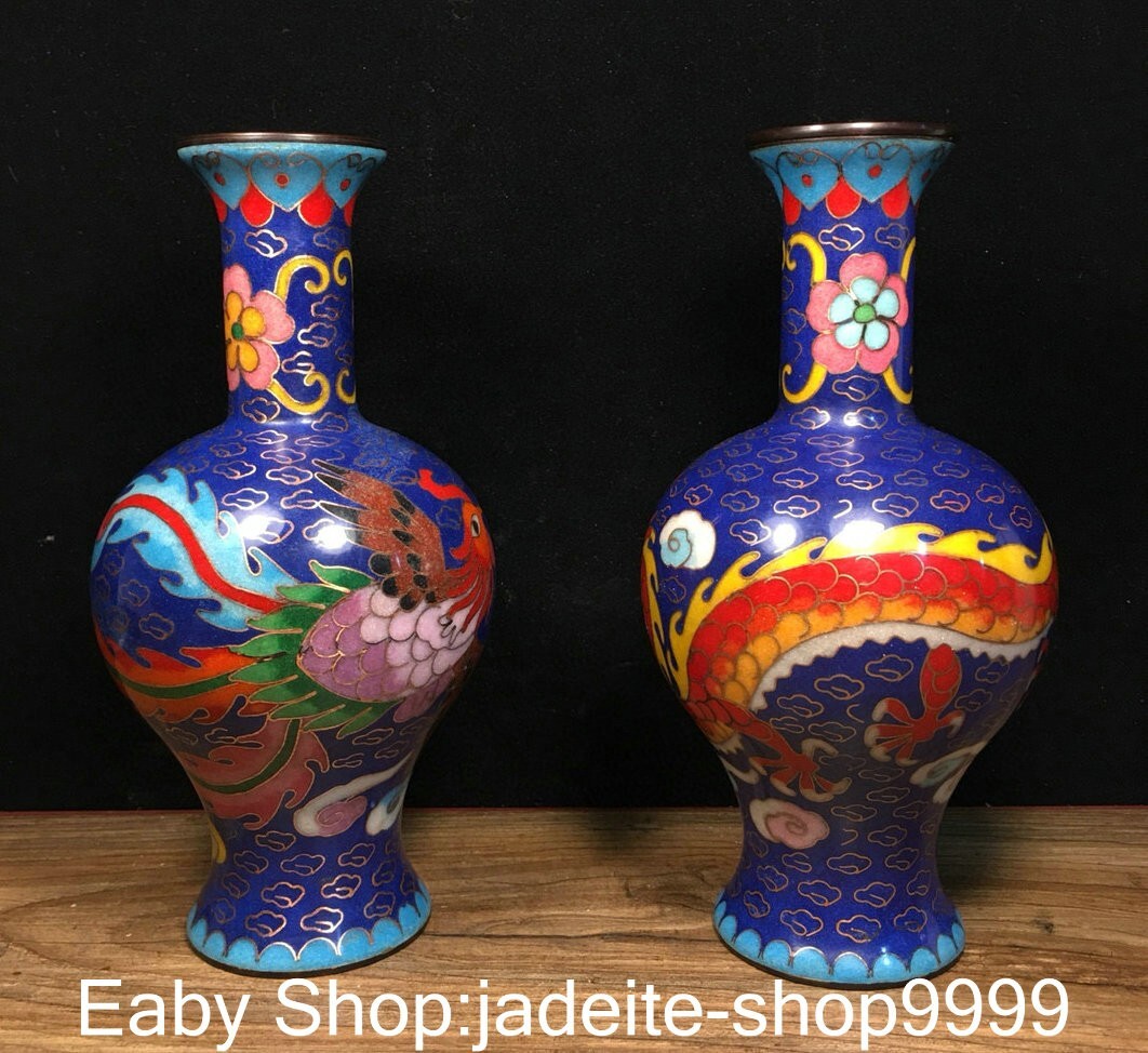 7.2″Qianlong Pure Bronze Cloisonne Enamel Dragon Phoenix Animal Bottle Vase Pair