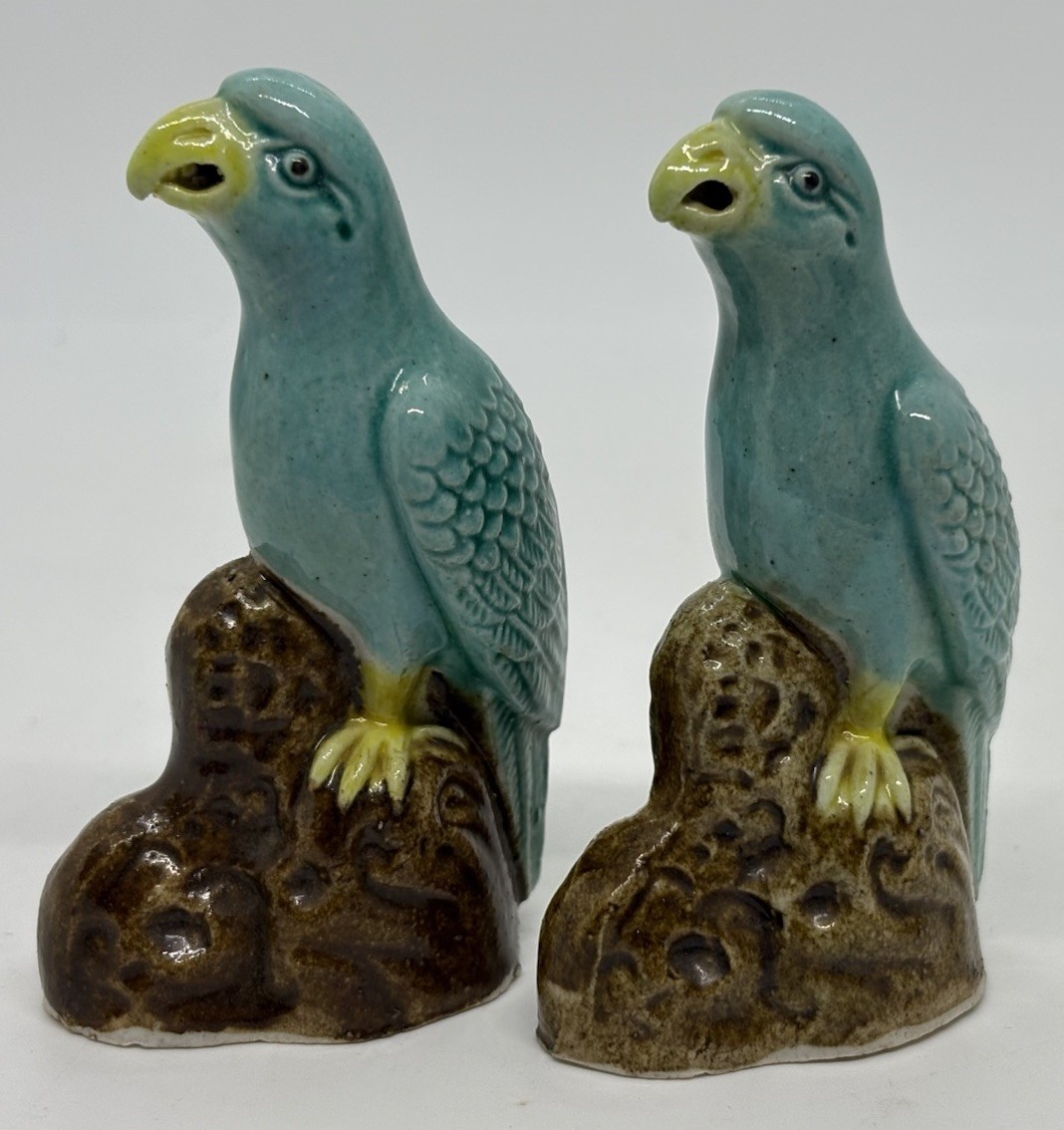 Two Vintage Chinese Turquoise Glazed Ceramic/Porcelain Hand Painted Parrots