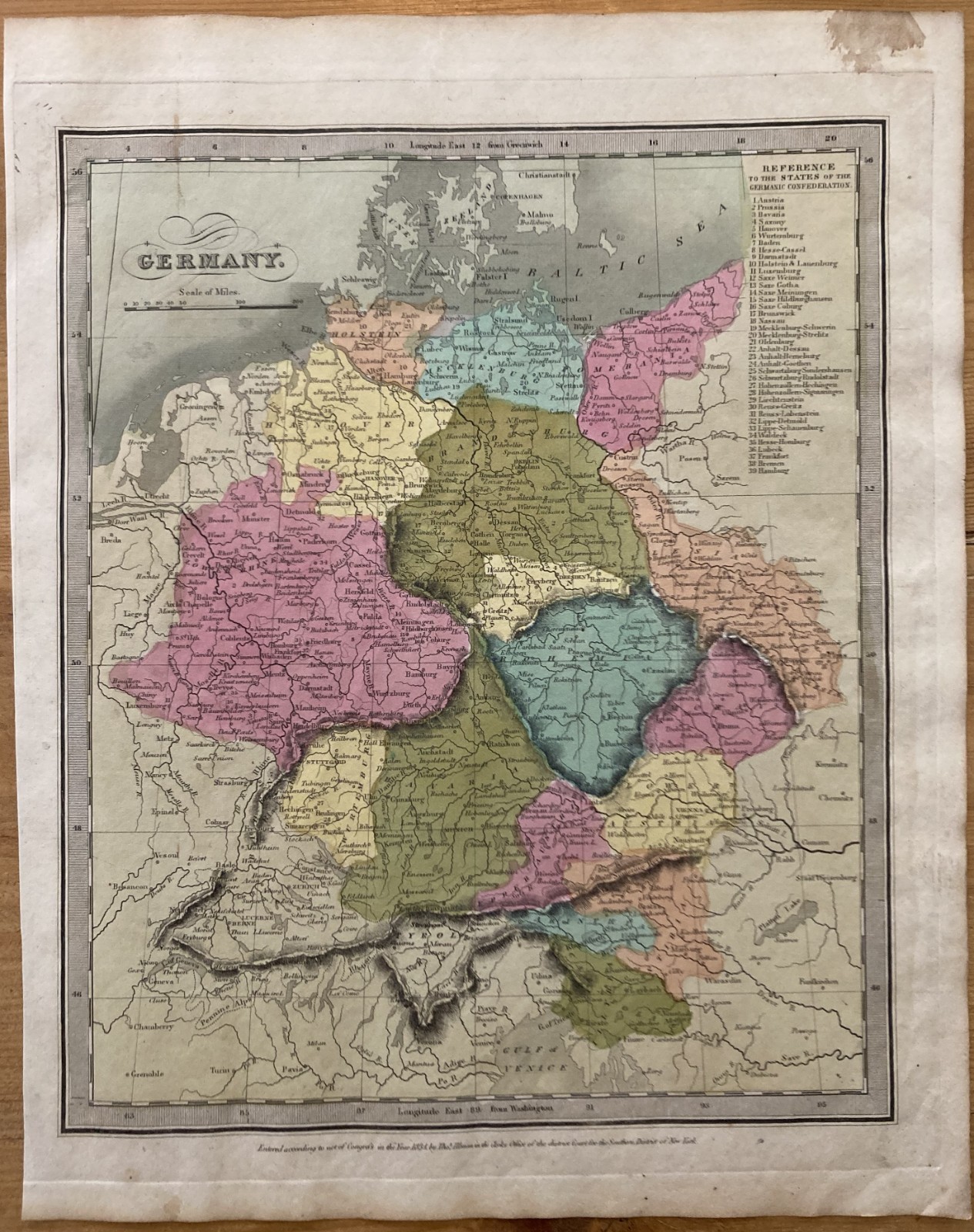 DAVID BURR-Original Hand Colored Map-1834-GERMANY-Illman & Pilbrow-Rare