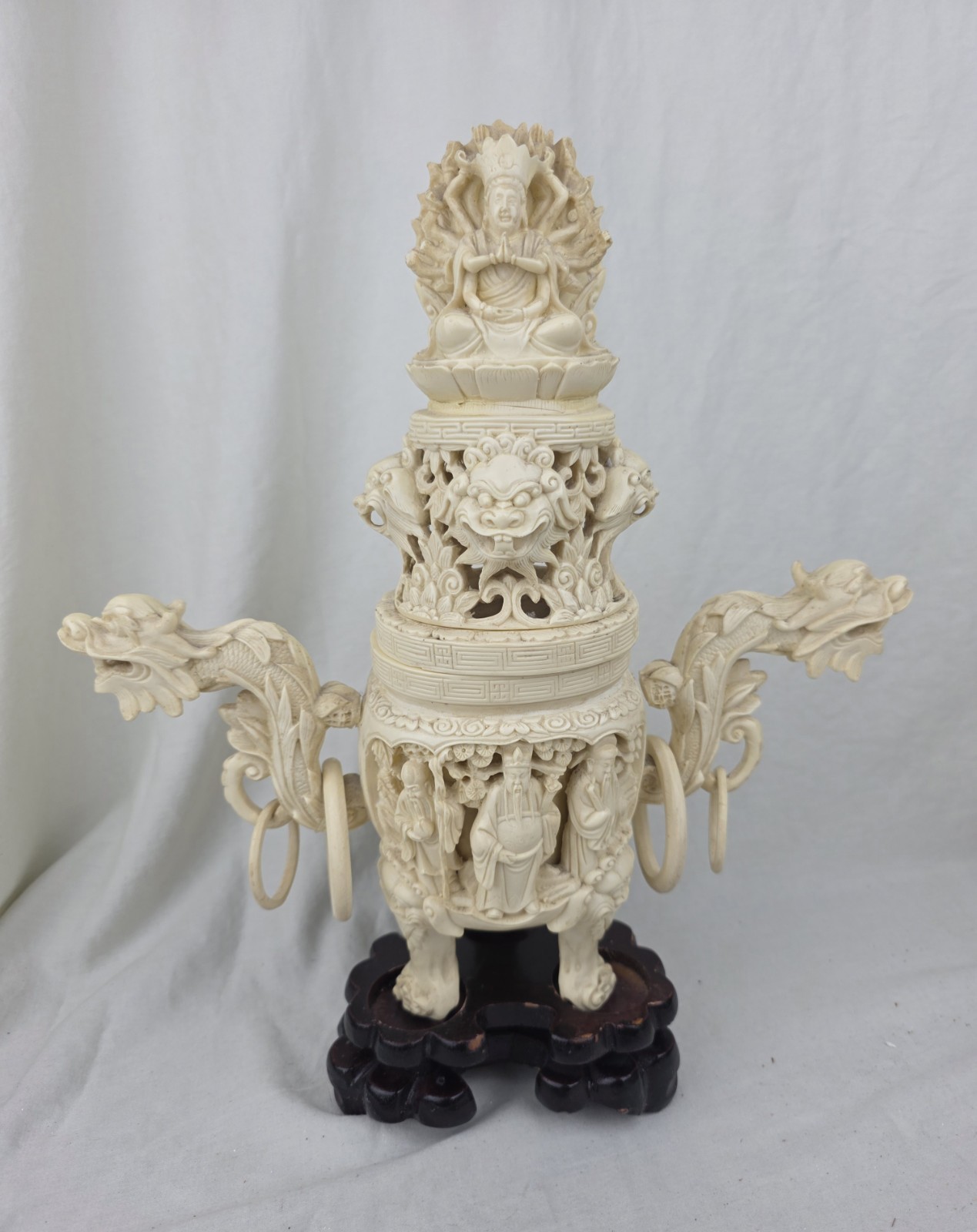 VTG Chinese Style Carved Resin Dragon Phoenix Statue Censor Ornate Incense 16″