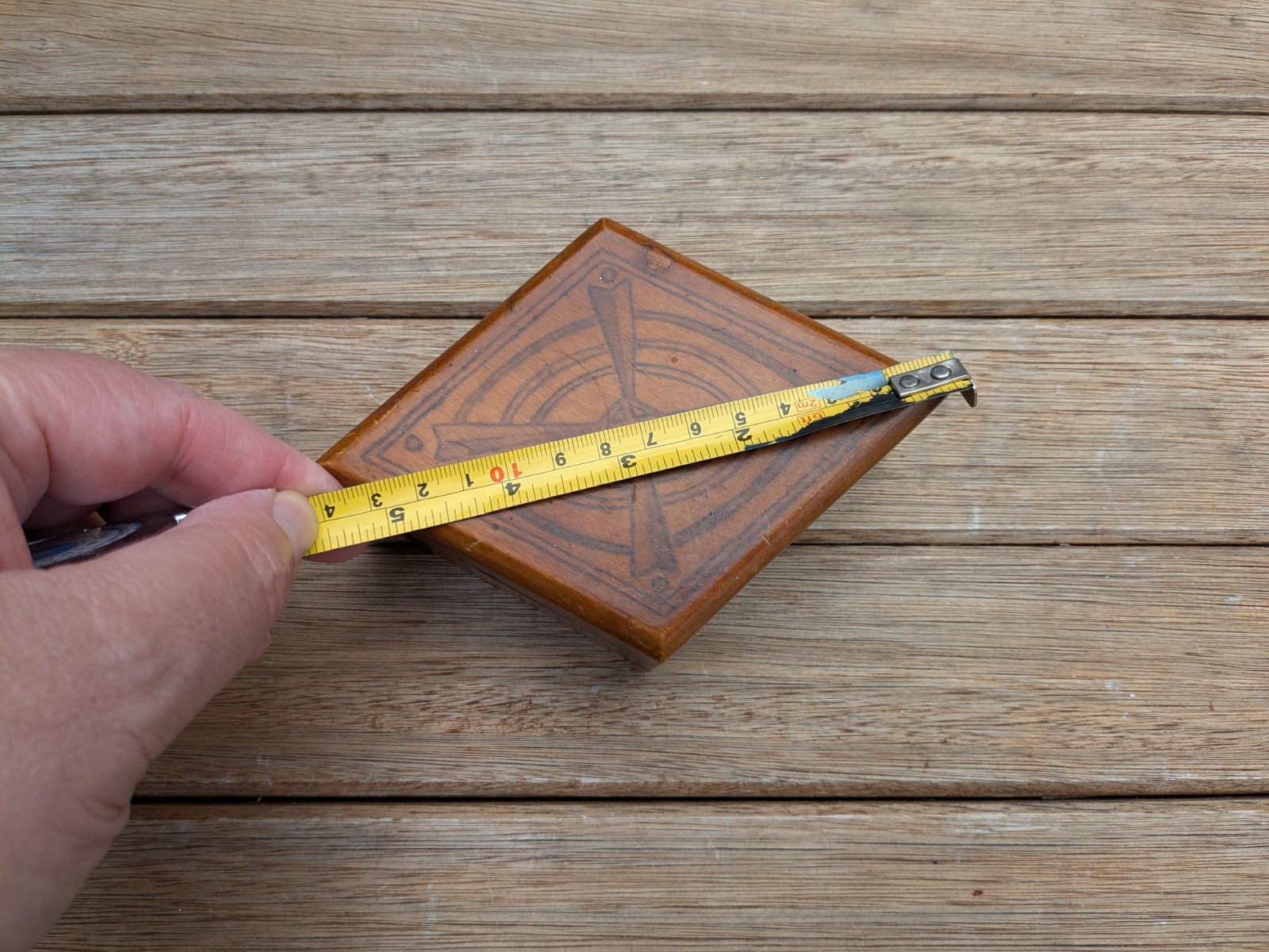 Diamond Shape Trinket Box Pokerwork Decoration, Scrimshaw Style