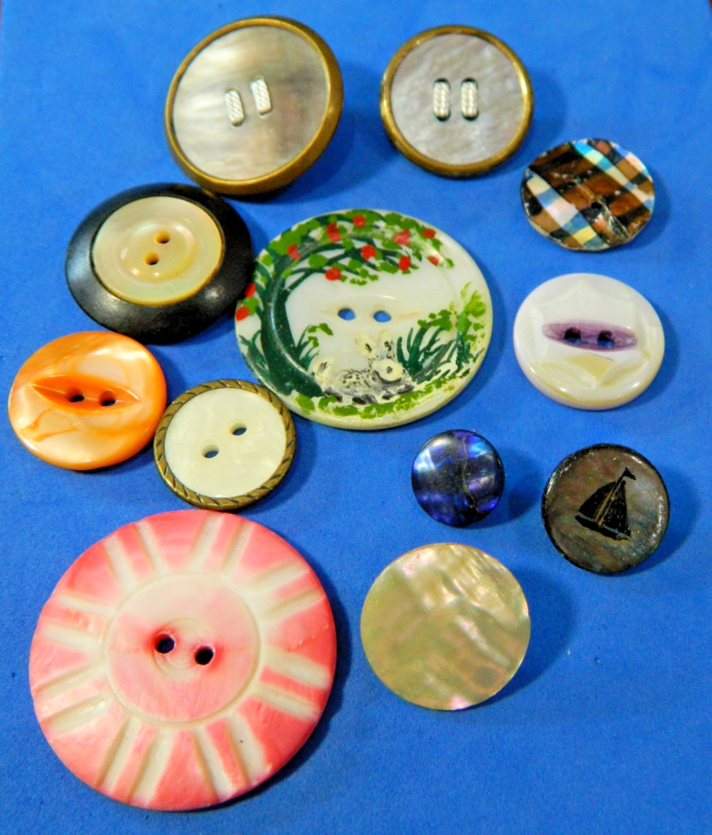 LOT Antique MOP Pearl Shell Buttons Painted-Vest-Carved