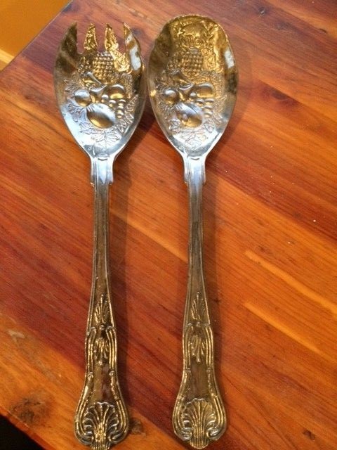 Silver plate Silverware Decorative Fork & Spoon Fruit Salad Serving Set Vintage
