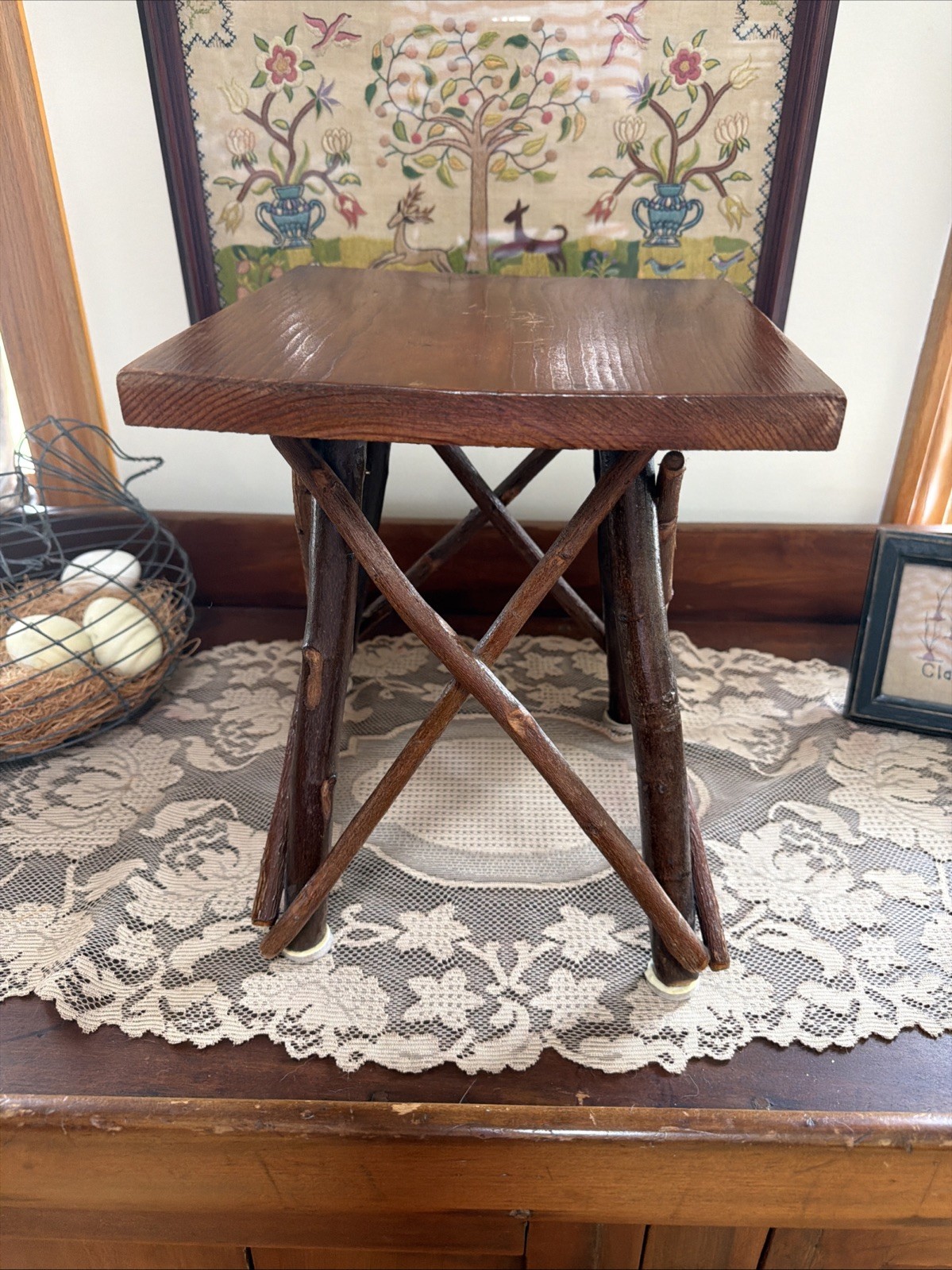 Rustic Adirondack Twig Plant Stand Side Table Primitive Folk Art Cabin Decor 12”