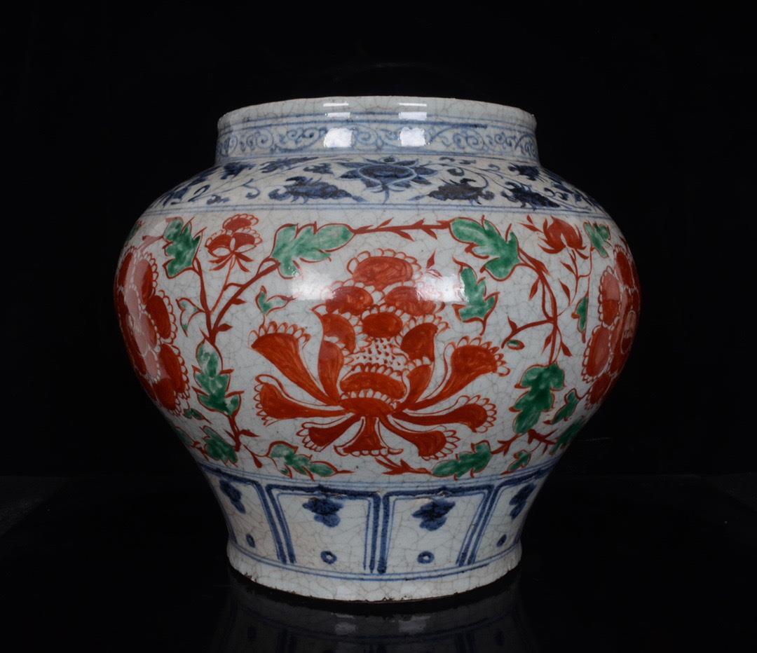 OLD BLUE AND WHITE RED GREEN GLAZE CHINESE PORCELAIN VASE POT JAR ST1161
