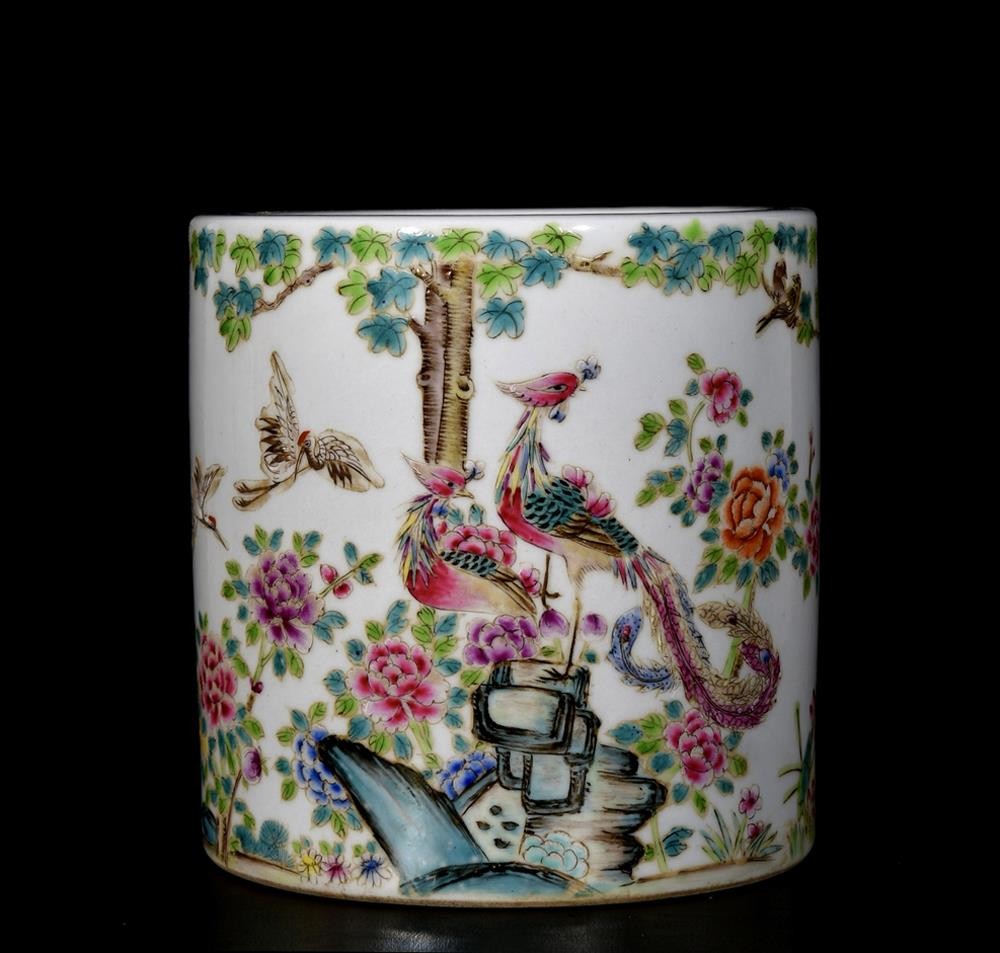 Old Guangxu Signed Chinese Famille Rose Brush Pot W/phoenix U548