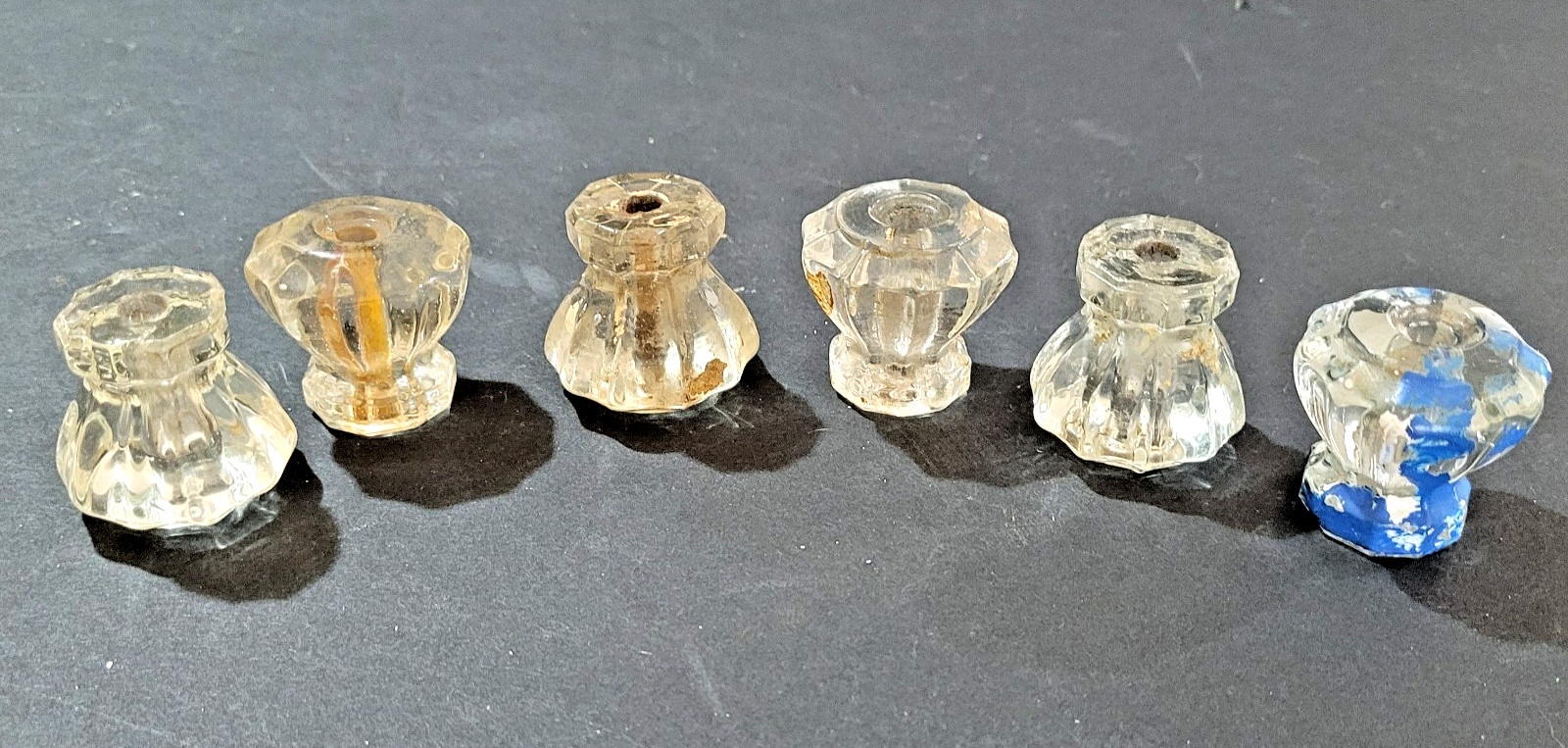 6 Clear Glass 10 Sided Drawer Pull Knobs Vintage 1-1/8″ tall