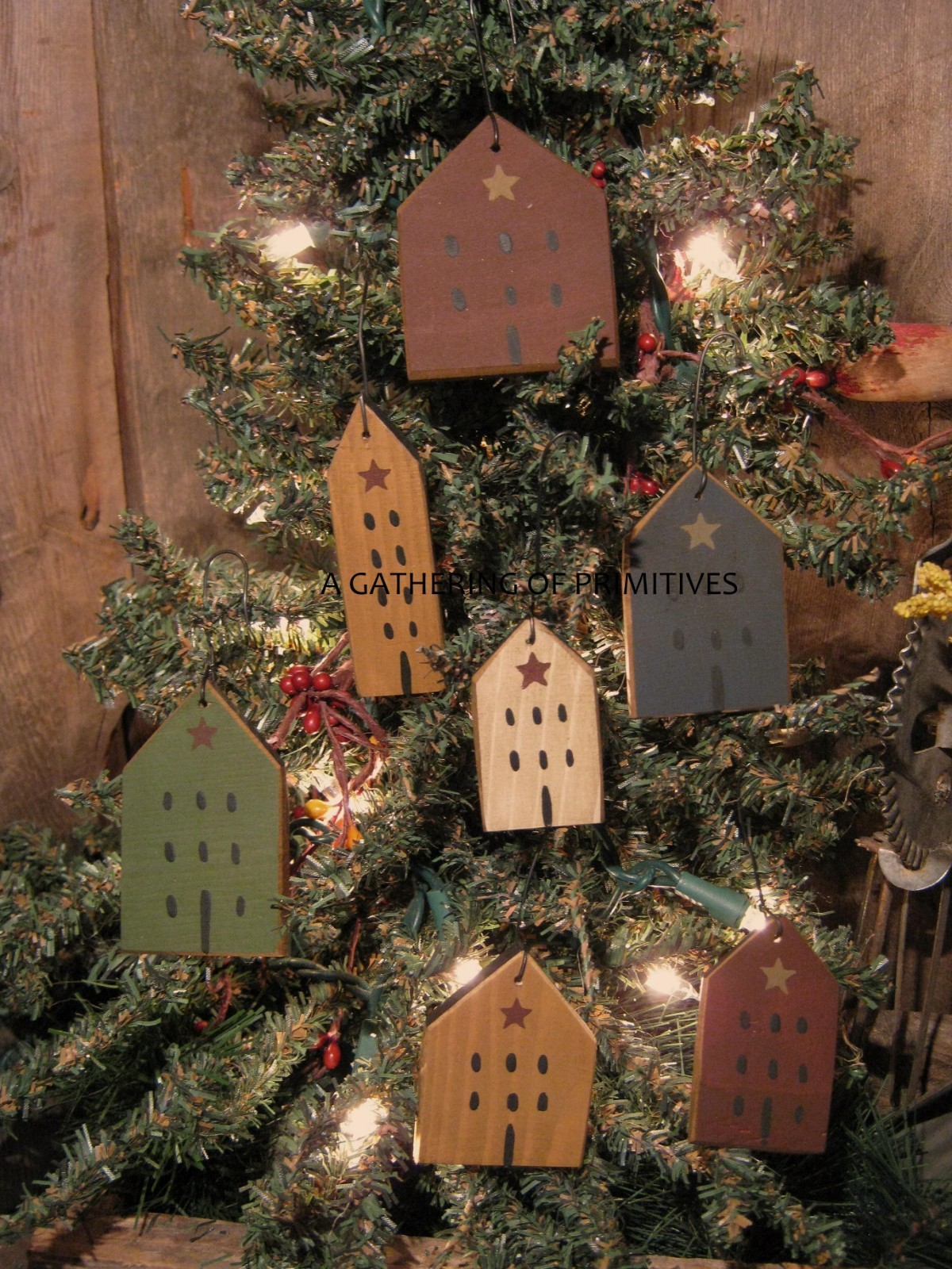 10 Primitive Handmade Wood Saltbox House Star Bowl Filler Ornament Tuck