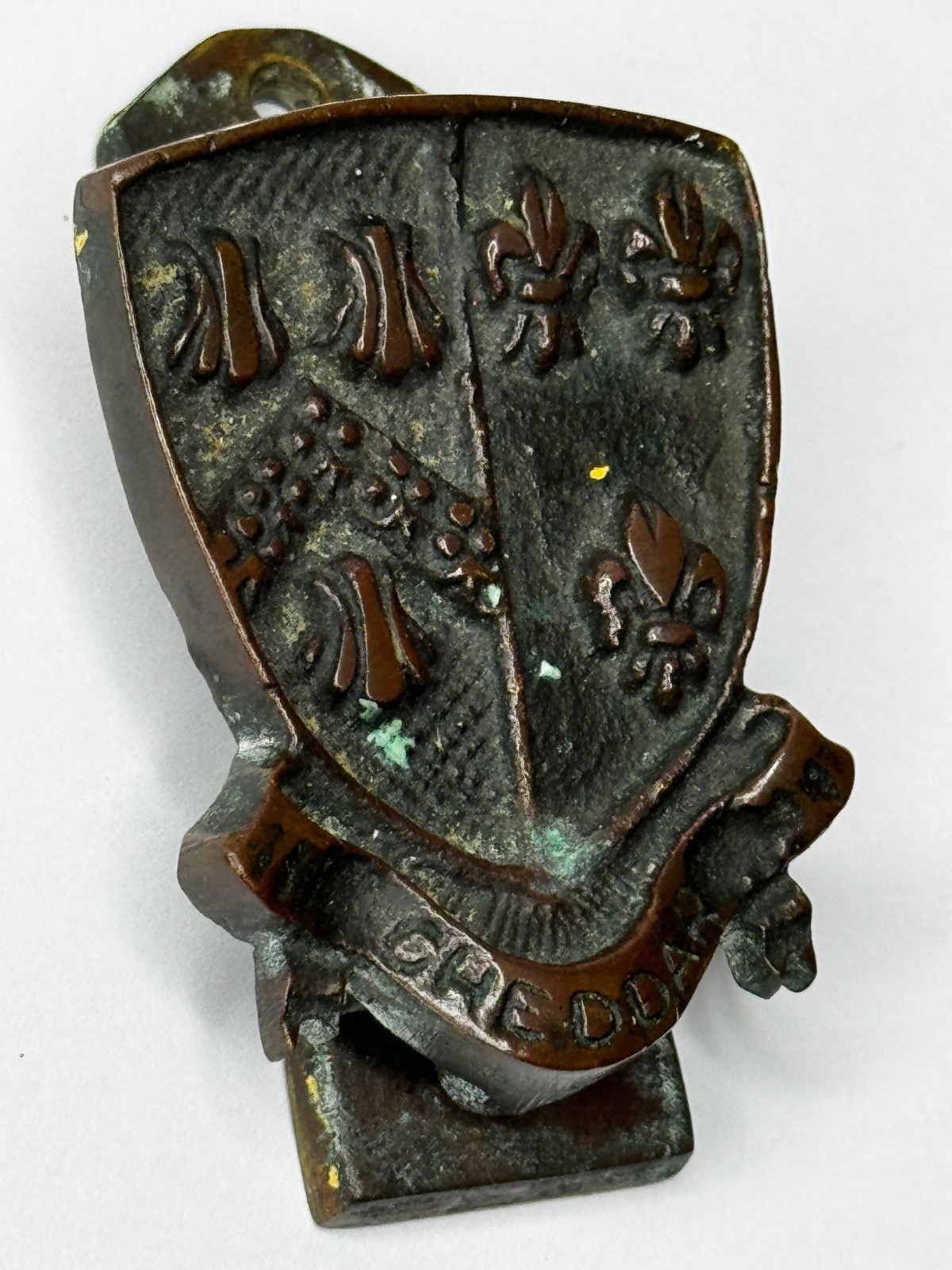 🛎️ Cheddar Bronze Door Knocker Heraldic Coat of Arms Shield Fleur De Lys C1925
