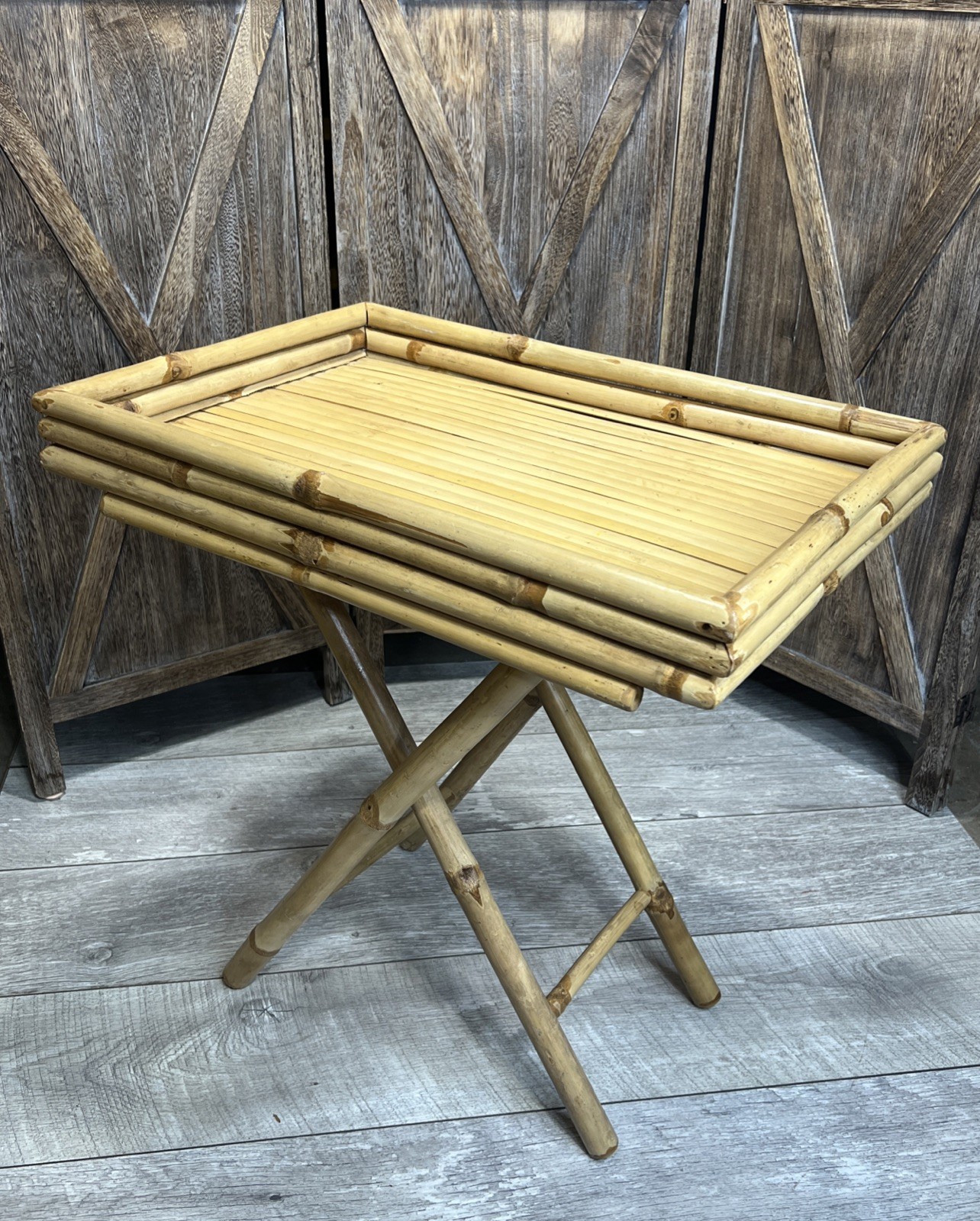 Vintage MCM Natural Bamboo Rattan Folding Table Boho Chic Decor 25” Tall