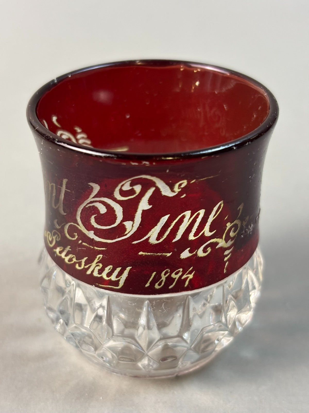 #539 Antique PETOSKEY 1894 Michigan Ruby Red Flash Souvenir Glass CUP