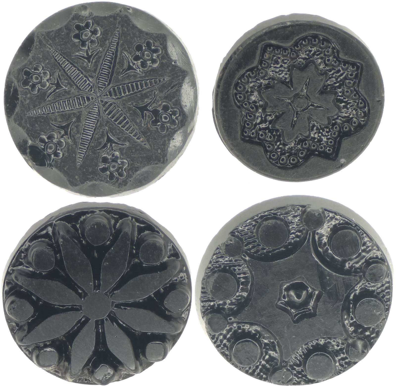 C1890s Antique Victorian Black Glass Star Burst Starburst Snowflake Button LOT 4
