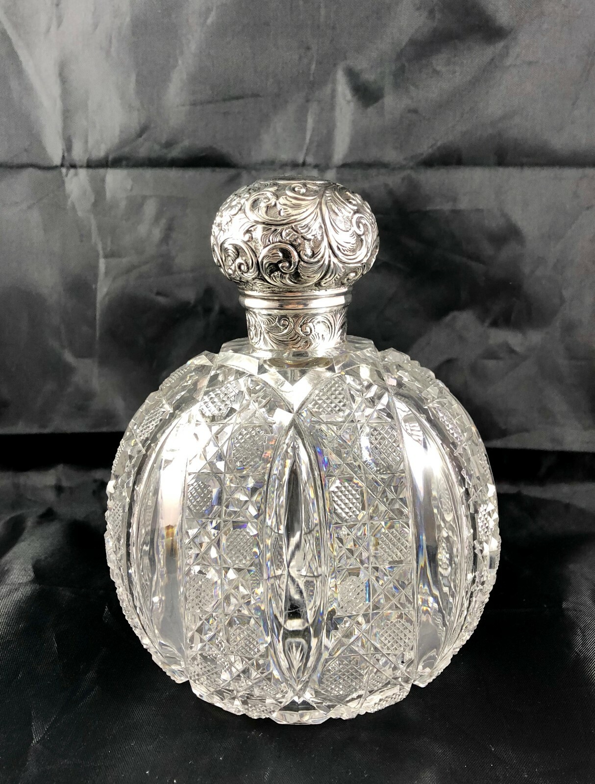 1890 London Brockwell Sterling Silver Repousse&Cut Glass Large Cologne Bottle
