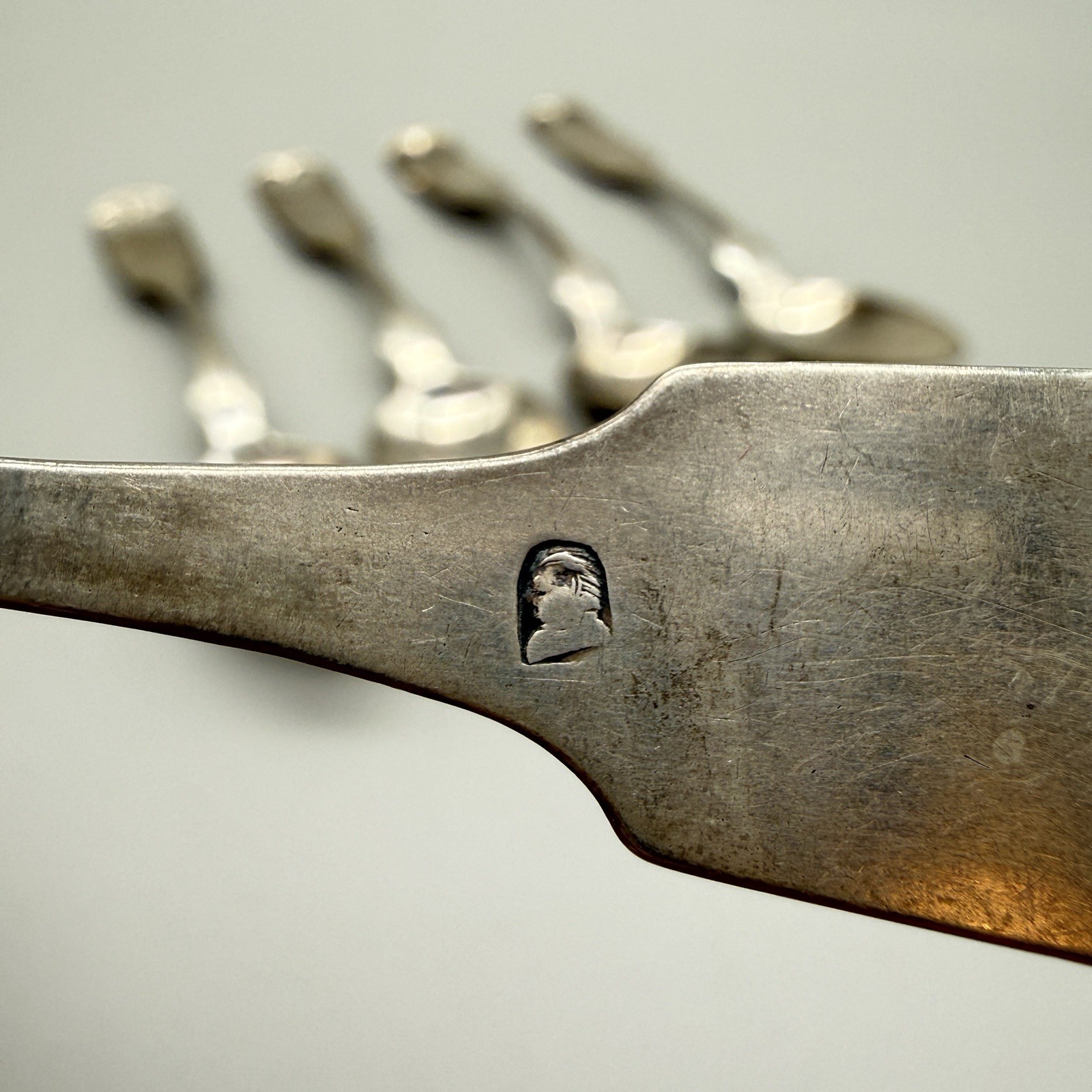Five Antique American Coin Silver Spoons Fiddle Pattern Feathered Profile Mark